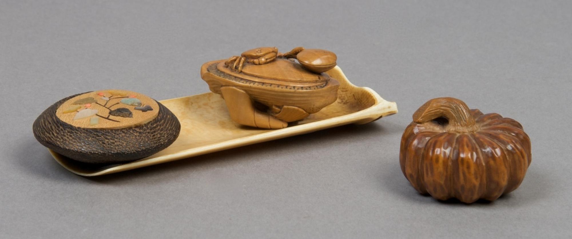 A Group of Three Wood Netsuke, Length of longest 4 1/8 inches.