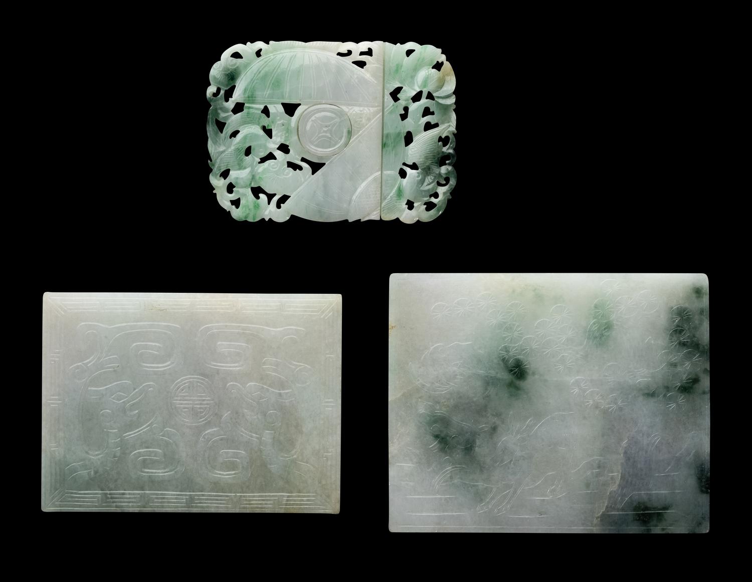 Three Chinese Apple Green and White Jadeite Buckles, 19th-20th Century 清晚期 翡翠帶扣三件