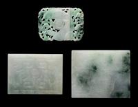 Three Chinese Apple Green and White Jadeite Buckles, 19th-20th Century 清晚期 翡翠帶扣三件