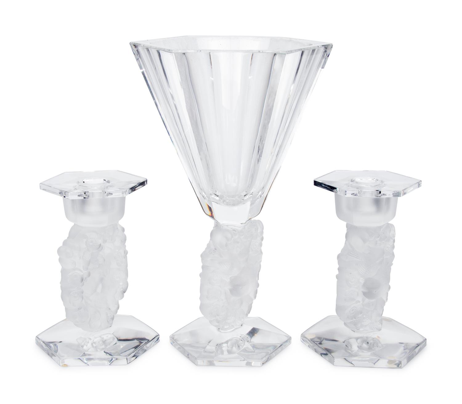 A Lalique Mesanges Vase and Pair of Candlesticks