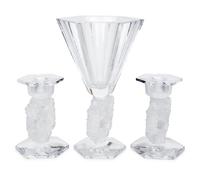 A Lalique Mesanges Vase and Pair of Candlesticks