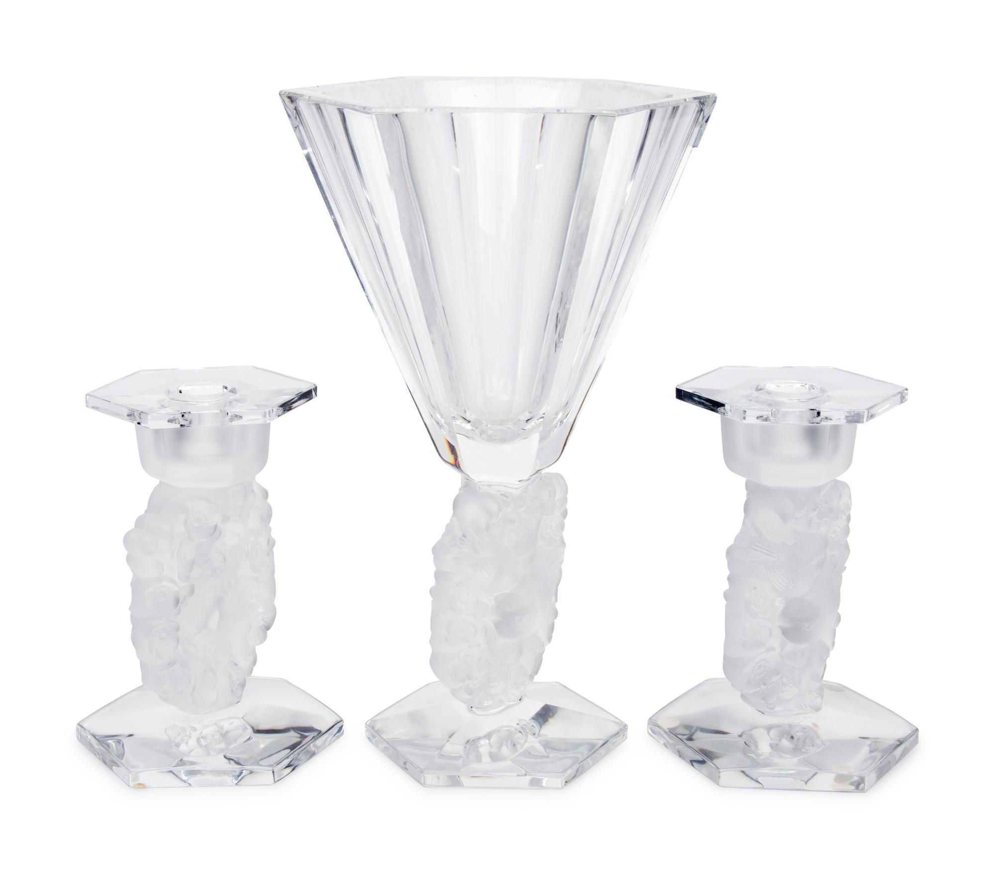 A Lalique Mesanges Vase and Pair of Candlesticks