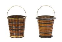 A Pair of Georgian Style Brass Bound Various Woods Peat Buckets, Height over handle 19 inches.