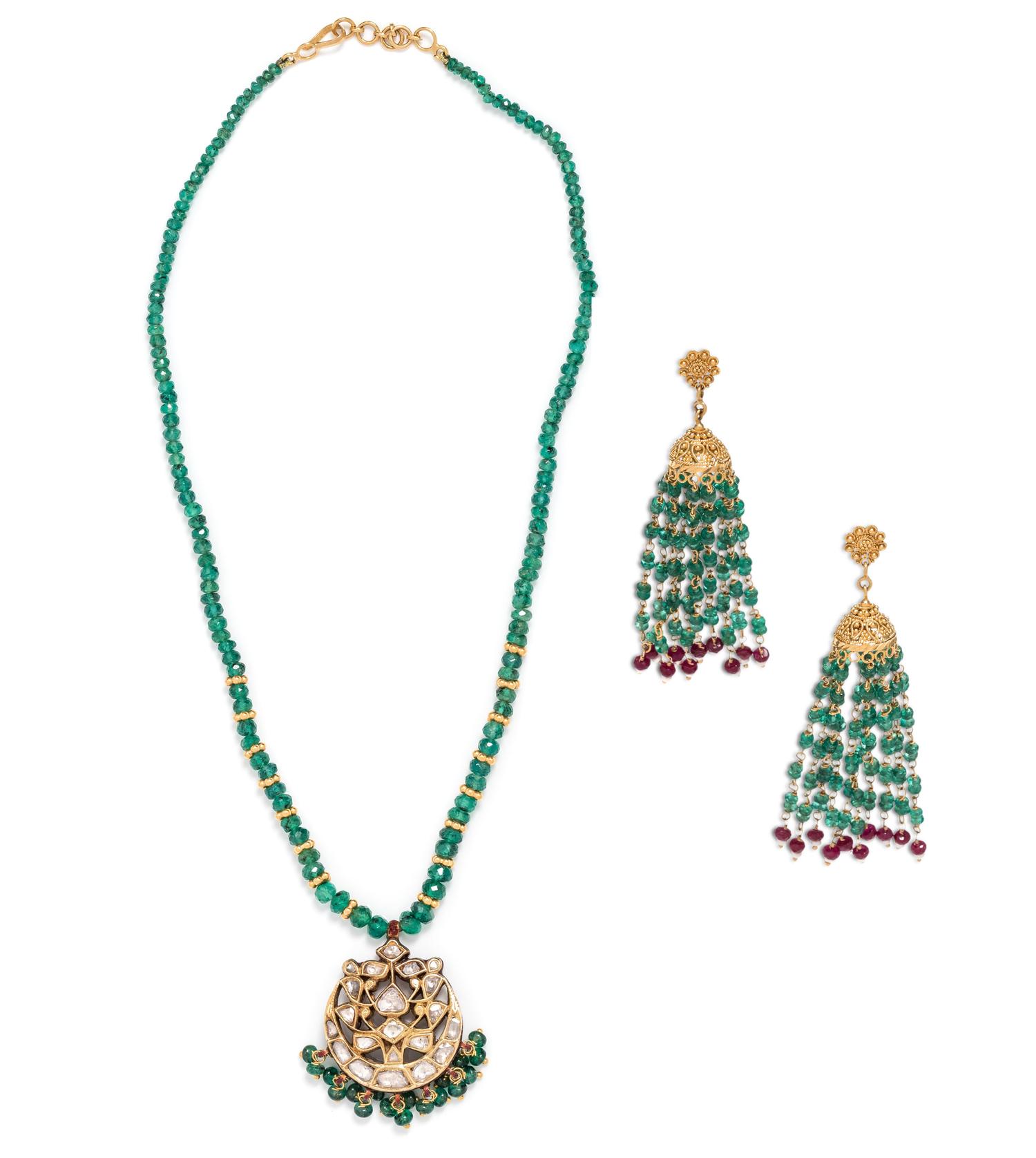 COLLECTION OF EMERALD, RUBY AND ENAMEL JEWELRY
