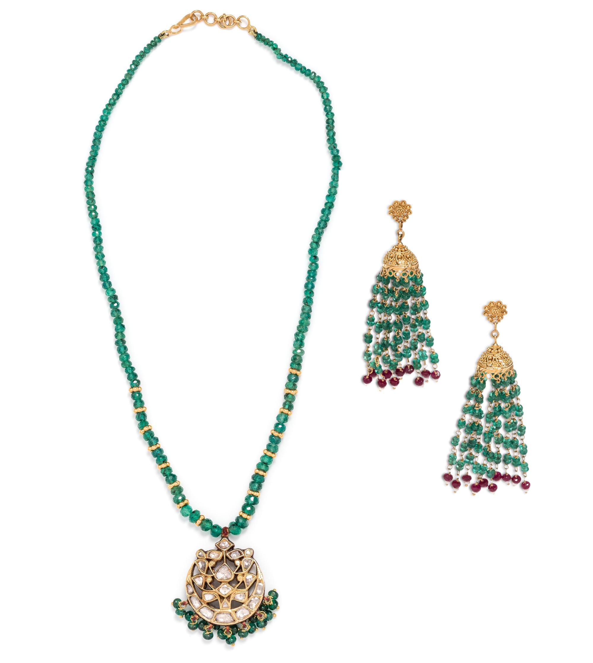 COLLECTION OF EMERALD, RUBY AND ENAMEL JEWELRY