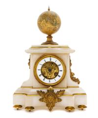A Continental Gilt Bronze Mounted Alabaster Mantel Clock, 19TH CENTURY, Height 14 inches. — 19TH CENTURY,