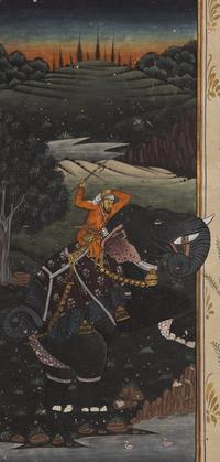 A Folio Painting of a Striding Elephant with Mahout at Sunset, North India, 20th Century