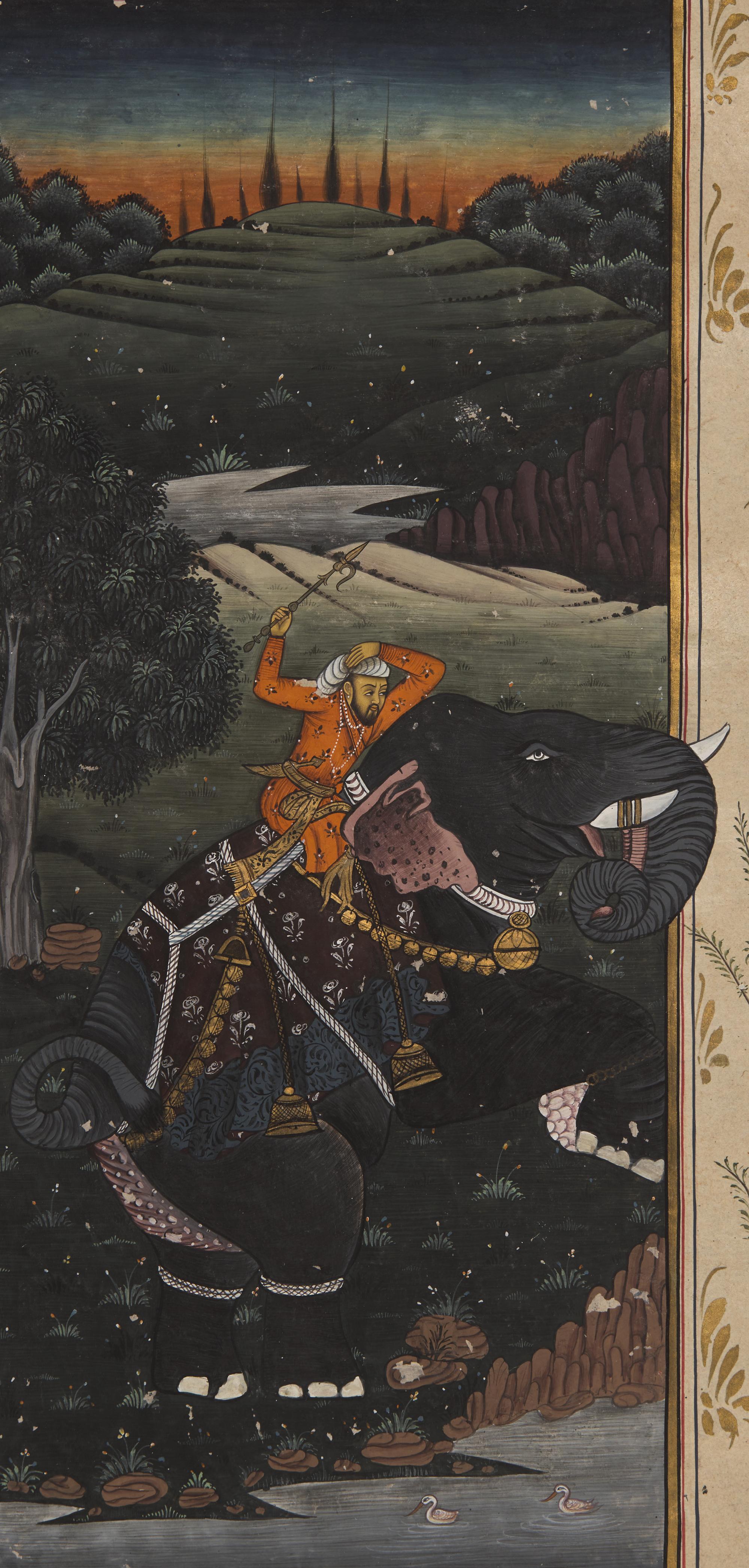 A Folio Painting of a Striding Elephant with Mahout at Sunset, North India, 20th Century