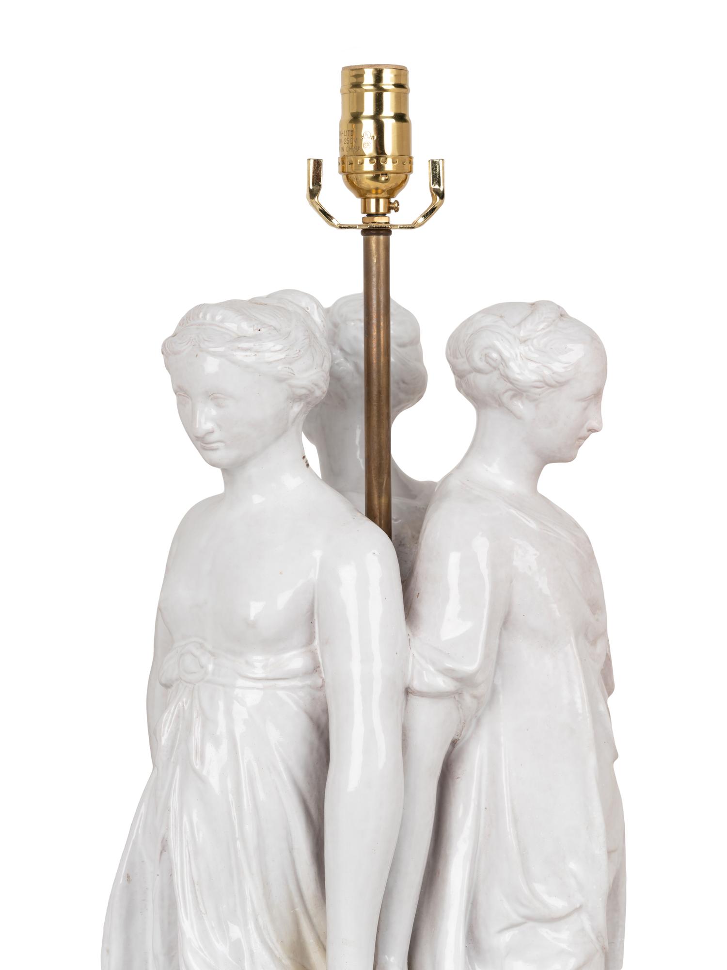 A Pair of Italian White Glazed Pottery Figural Groups After Antonio Canova Mounted as Lamps