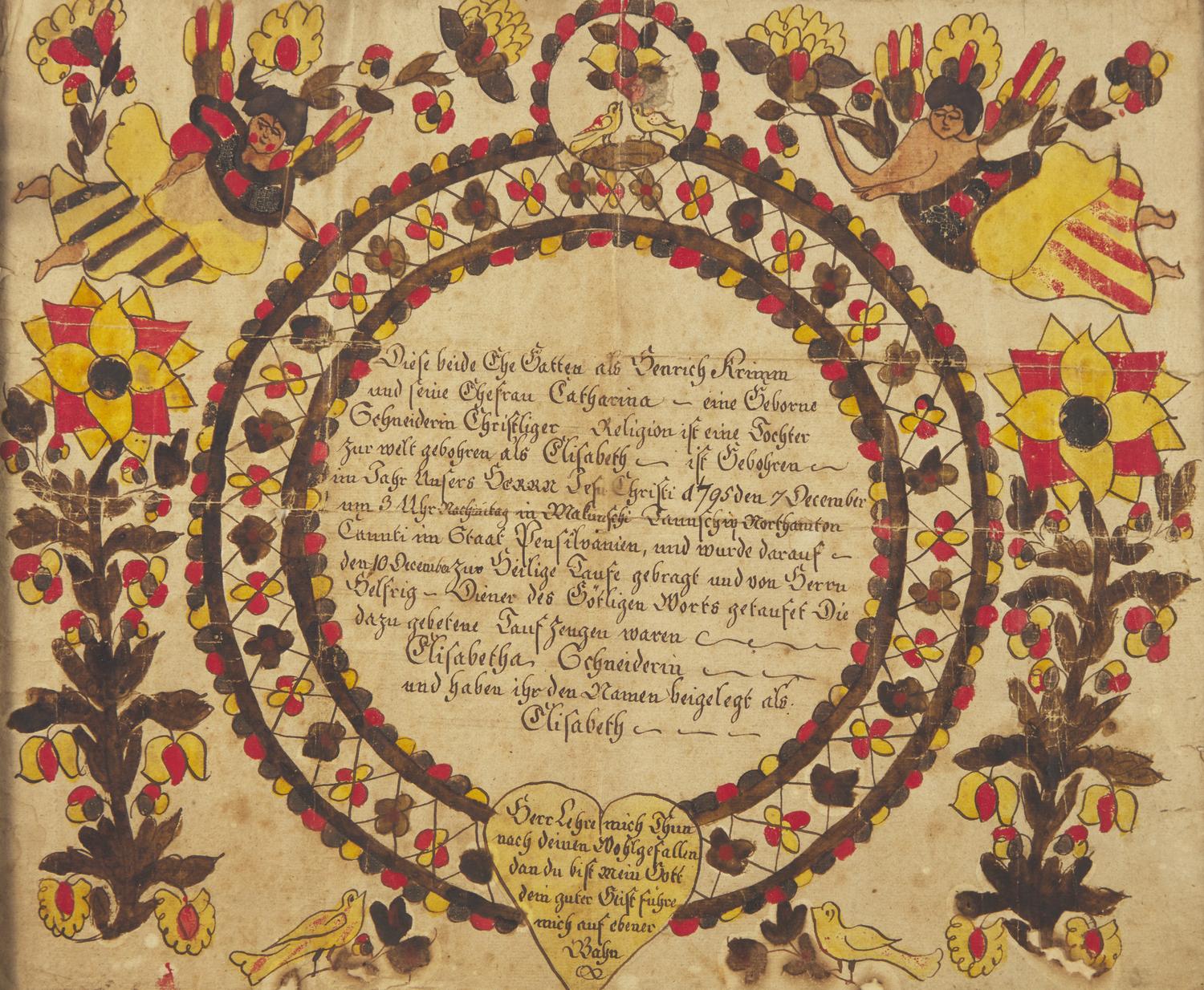 A Fraktur Birth and Baptism Record, Attributed to The Blowsy Angel Artist, Northampton County, Pennsylvania