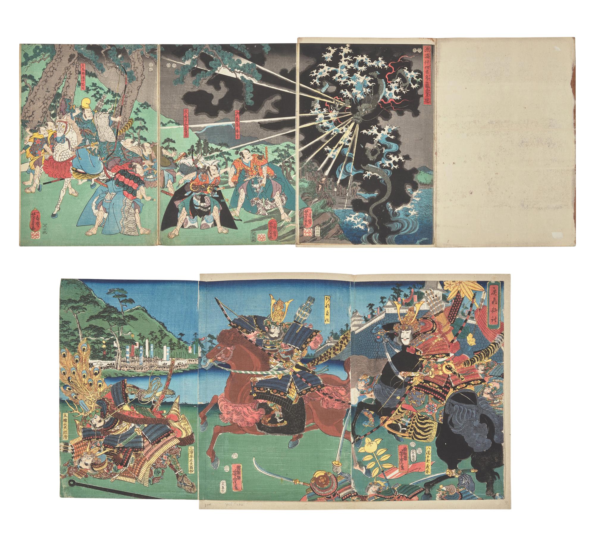 Utagawa Yoshitora (Japanese, 1836-1880) and Utagawa Yoshikazu (Japanese, active 1853-1870), Two Woodblock Triptychs