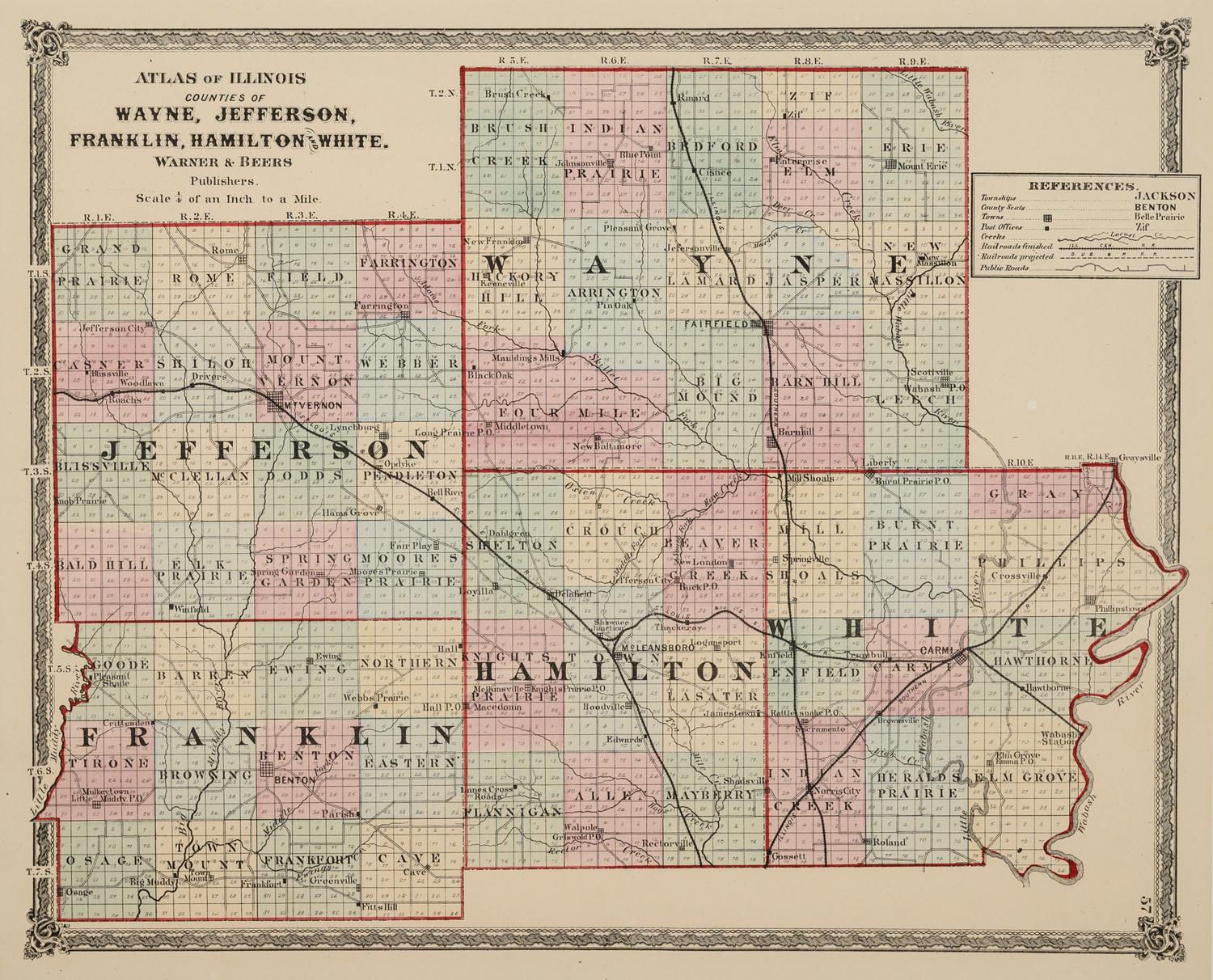 Atlas of Illinois: Counties of Wayne, Jefferson, Franklin, Hamilton, and White . Chicago: Warner & Beers, N.d. Plate 57. 23 ¼ x 26 ¼ in. Matted and framed.