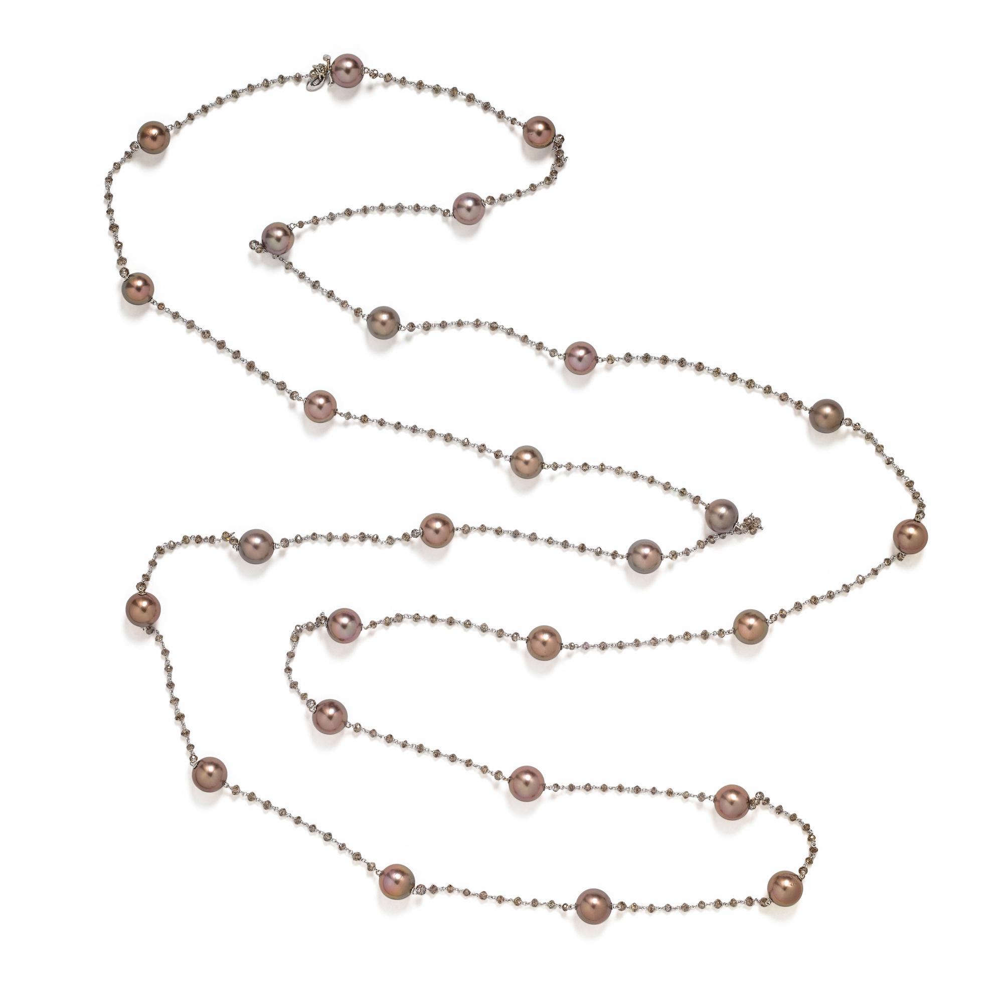 CULTURED BROWN PEARL AND BROWN DIAMOND NECKLACE
