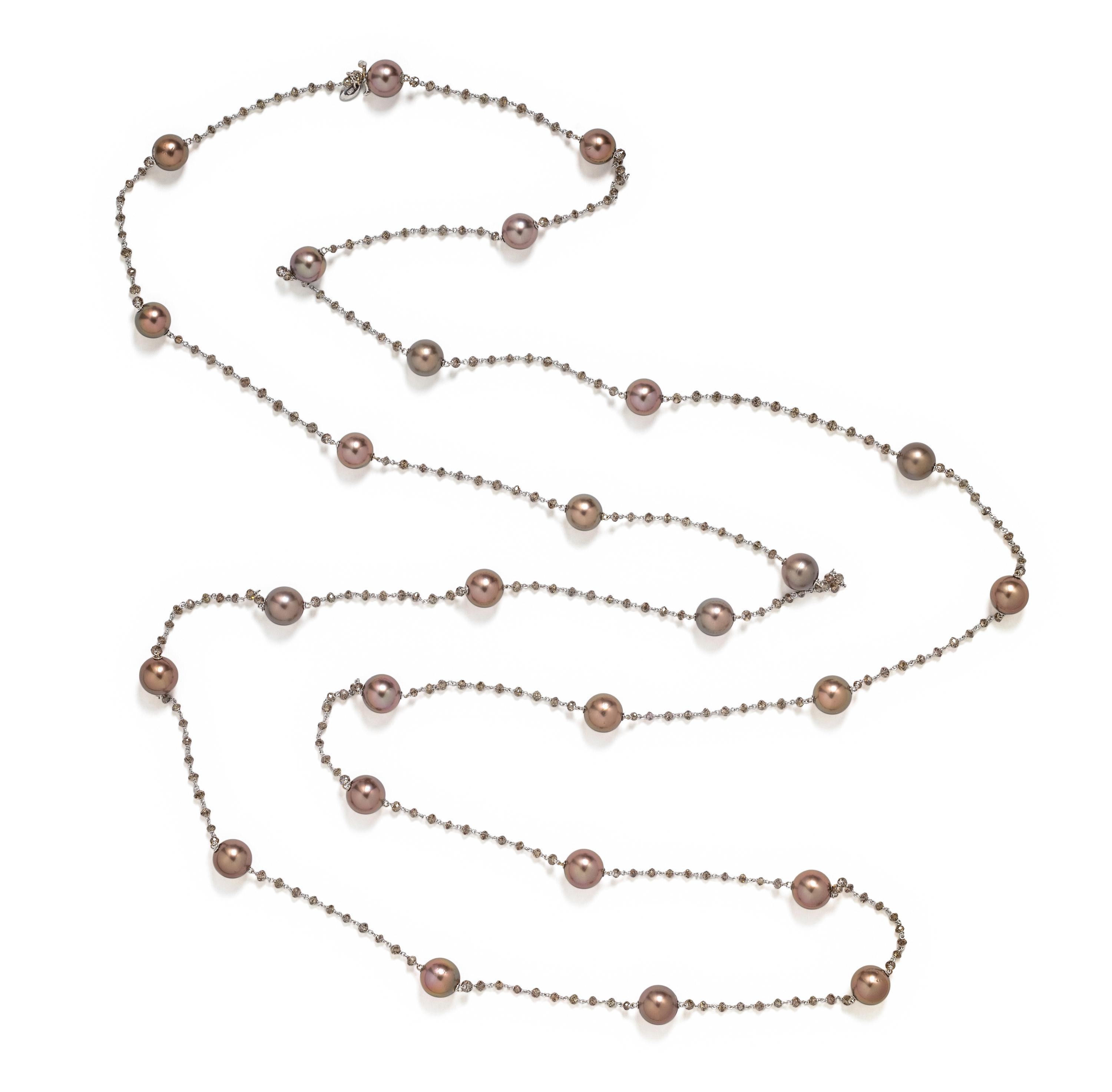 CULTURED BROWN PEARL AND BROWN DIAMOND NECKLACE