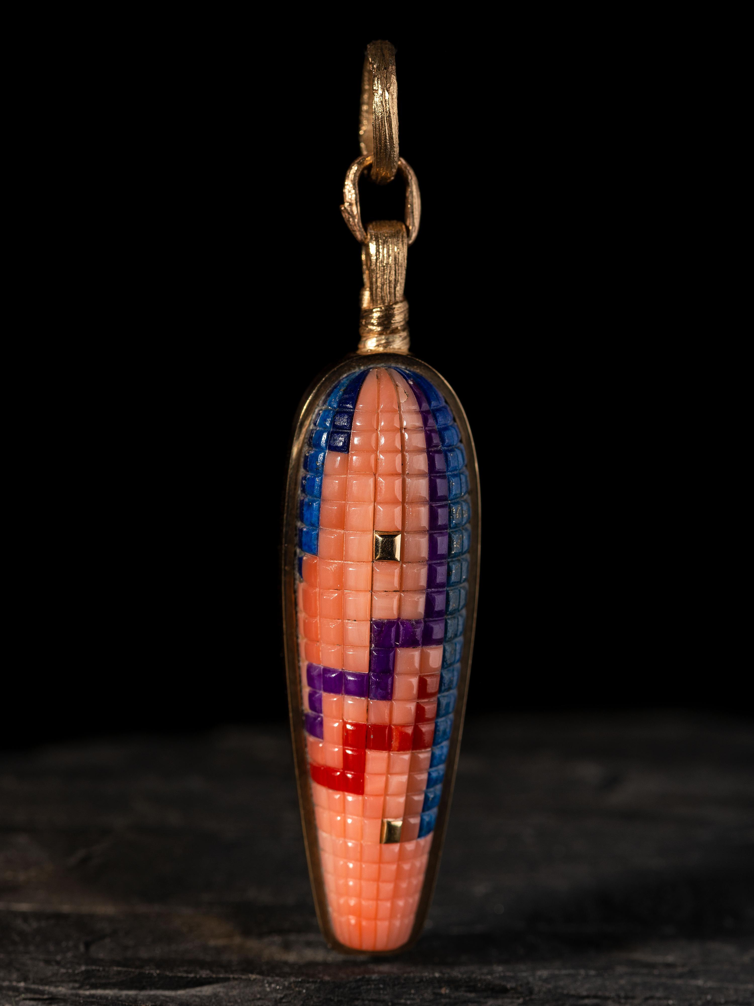 14K Gold Corn Cob Pendant, with Inlay