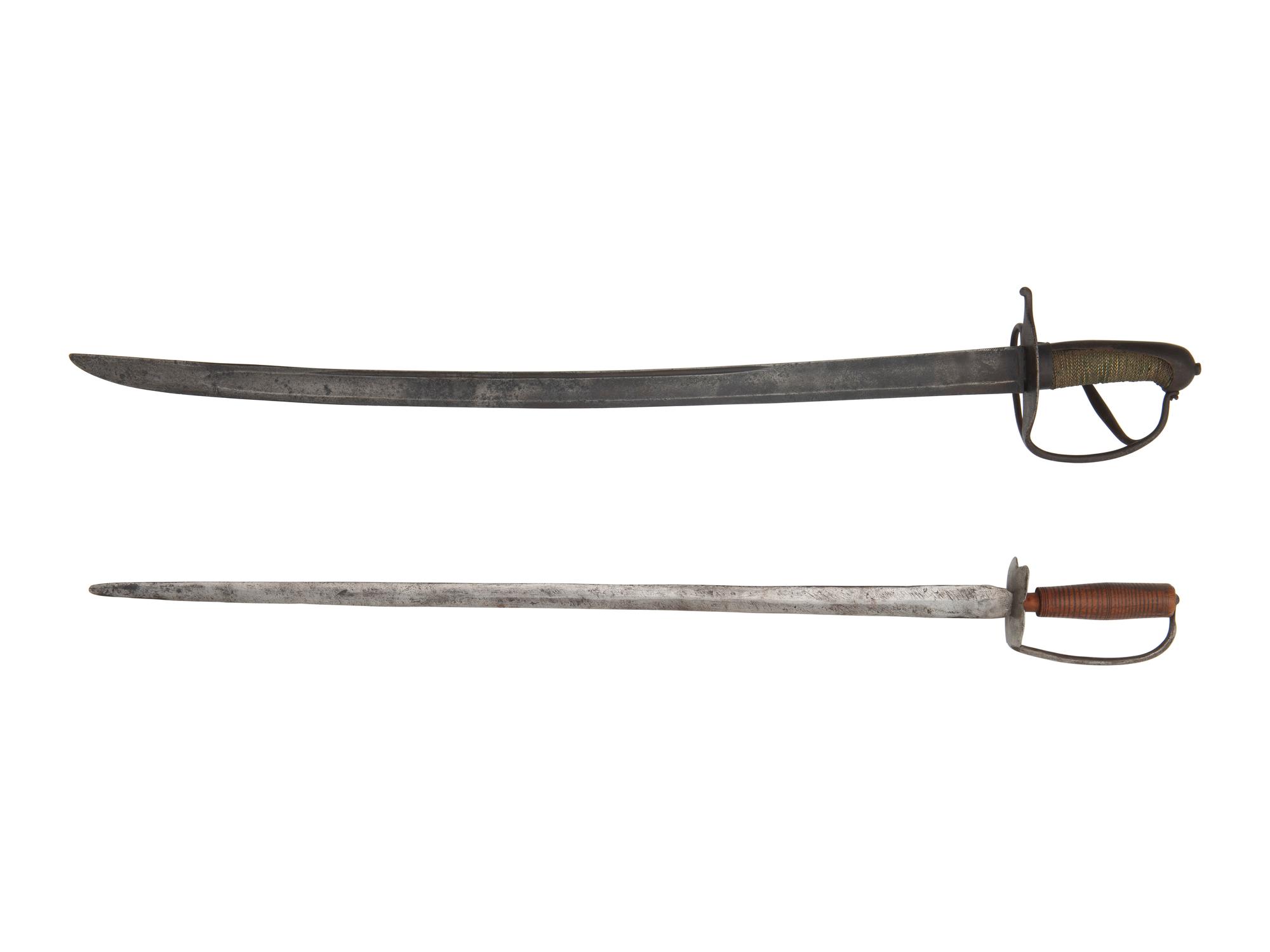 [MILITARIA]. 2 swords, incl. early 19th century iron-hilted short sword.