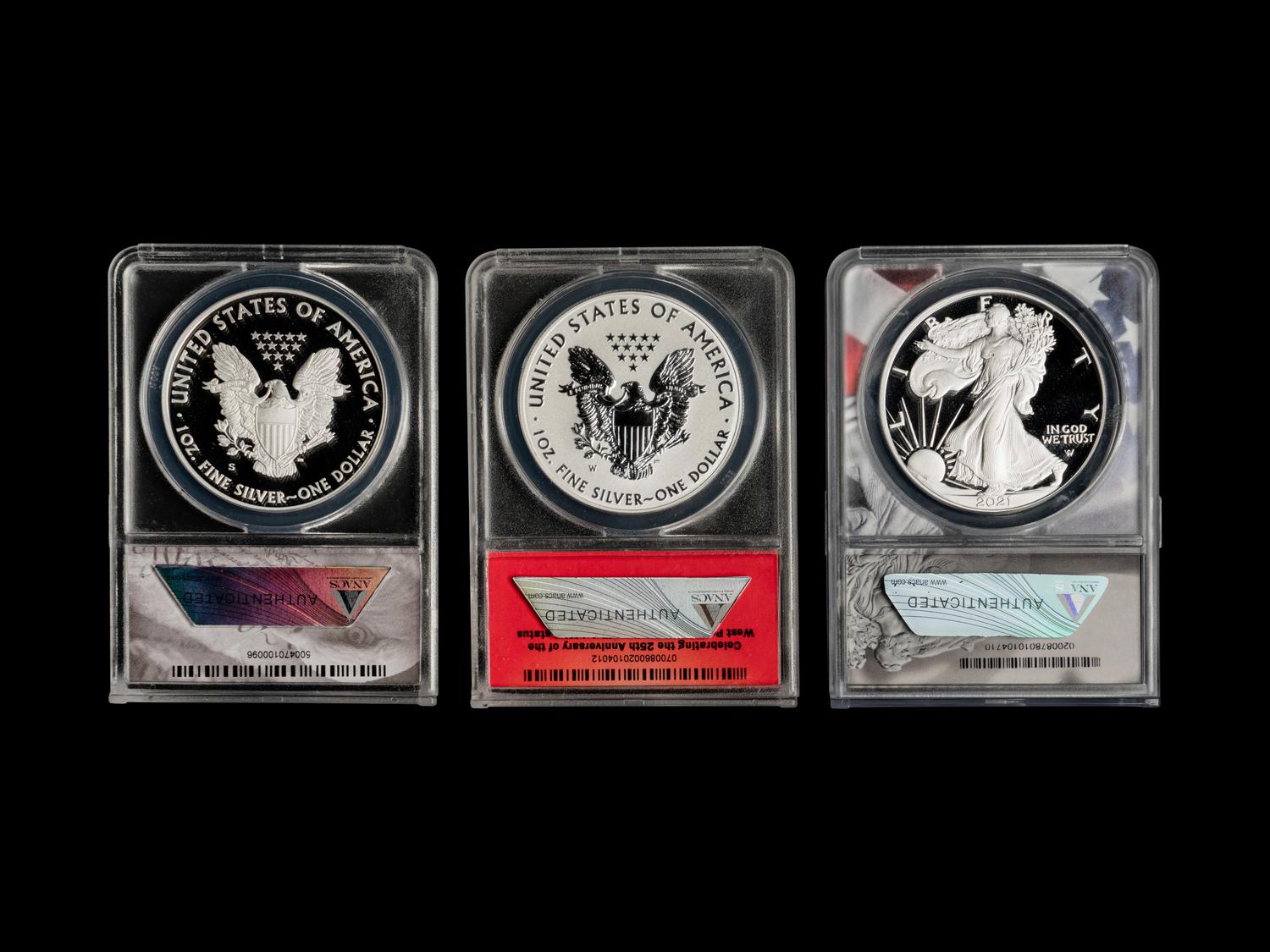 A Collection of Twenty-Seven ANACS Graded PR70 Silver Eagle $1 Proof and Reverse Proof Coins