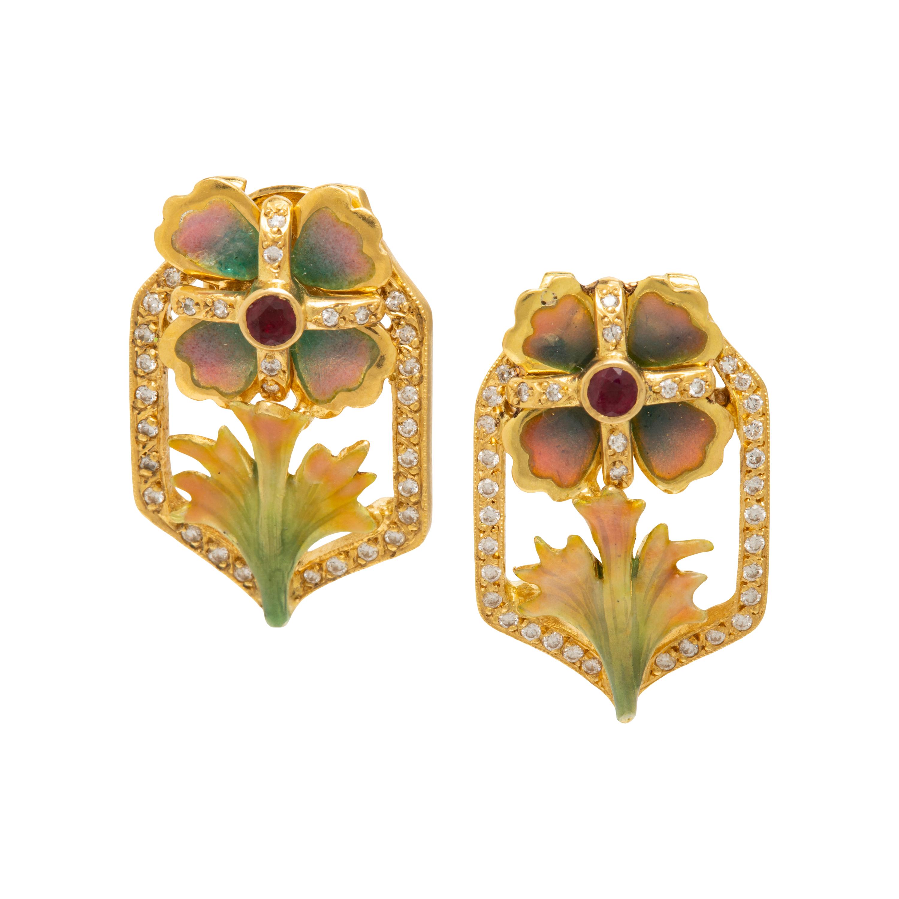 Attributed to Masriera, Plique-à-Jour and Diamond Earrings