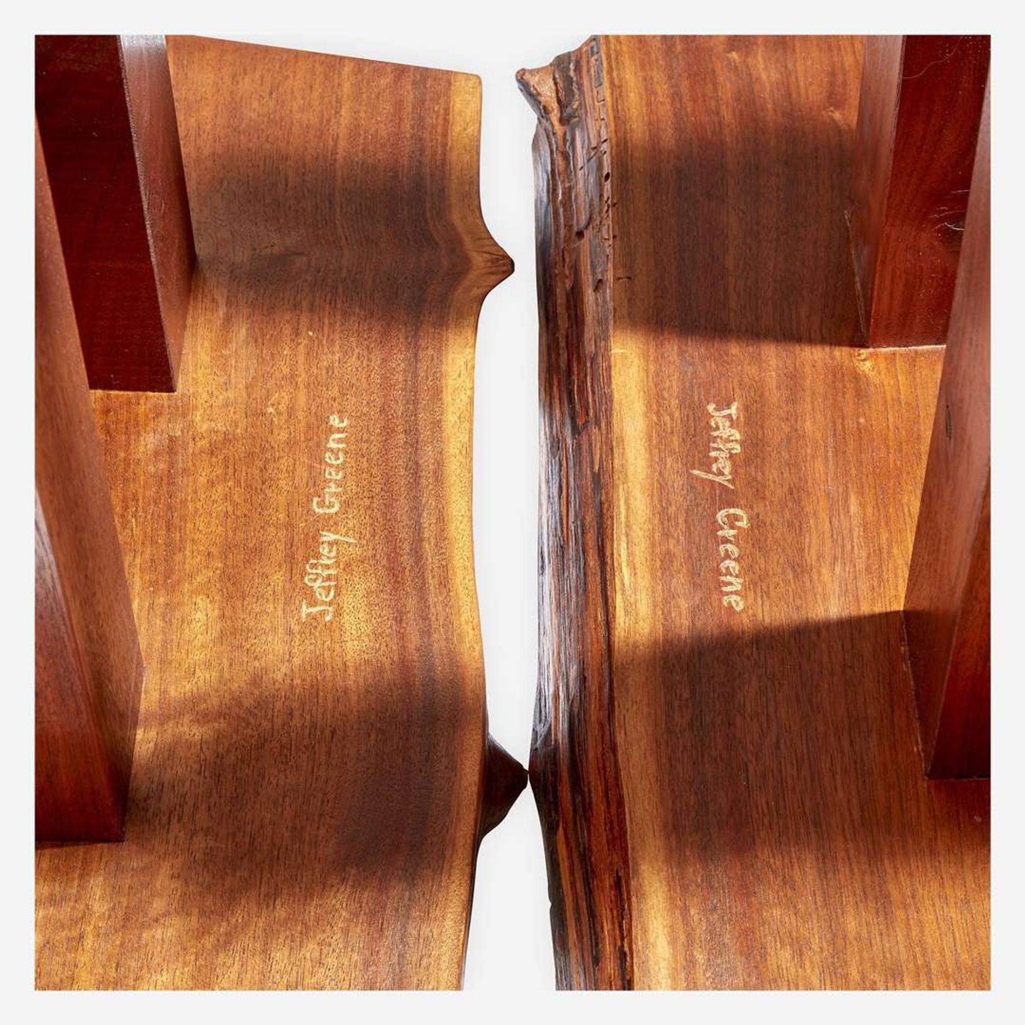 Jeffrey Greene (American, 21st century) Pair of Live-Edge End Tables With Three-Column Bases, Doylestown, PA, 21st century