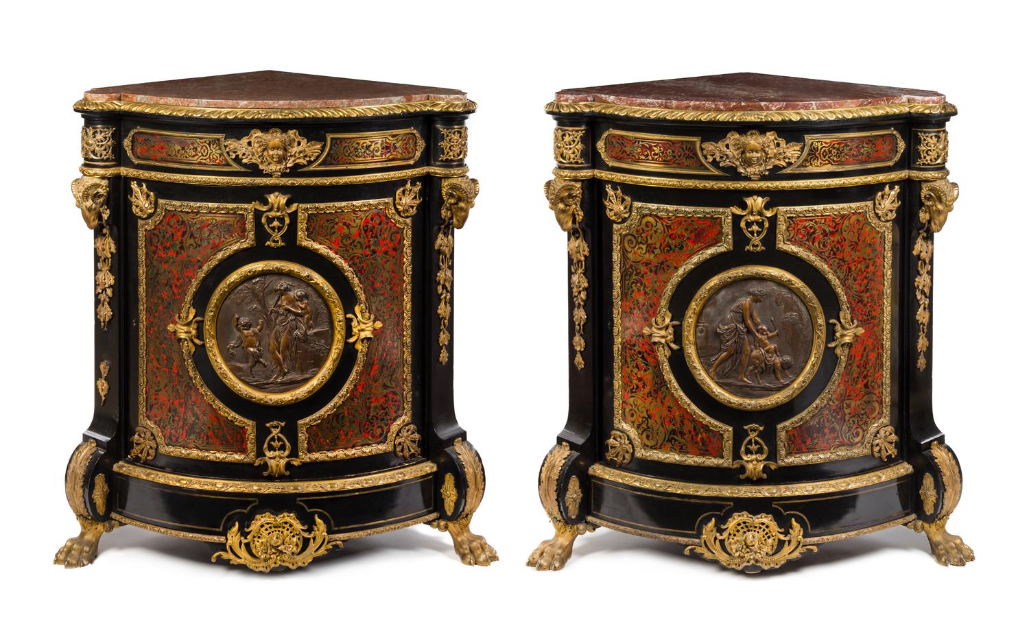 A Pair of Napoleon III Gilt Bronze Mounted Boulle Marquetry Encoignures Height 45 x width 40 x depth 29 inches. — ATTRIBUTED TO GROHE FRERES, 19TH CENTURY