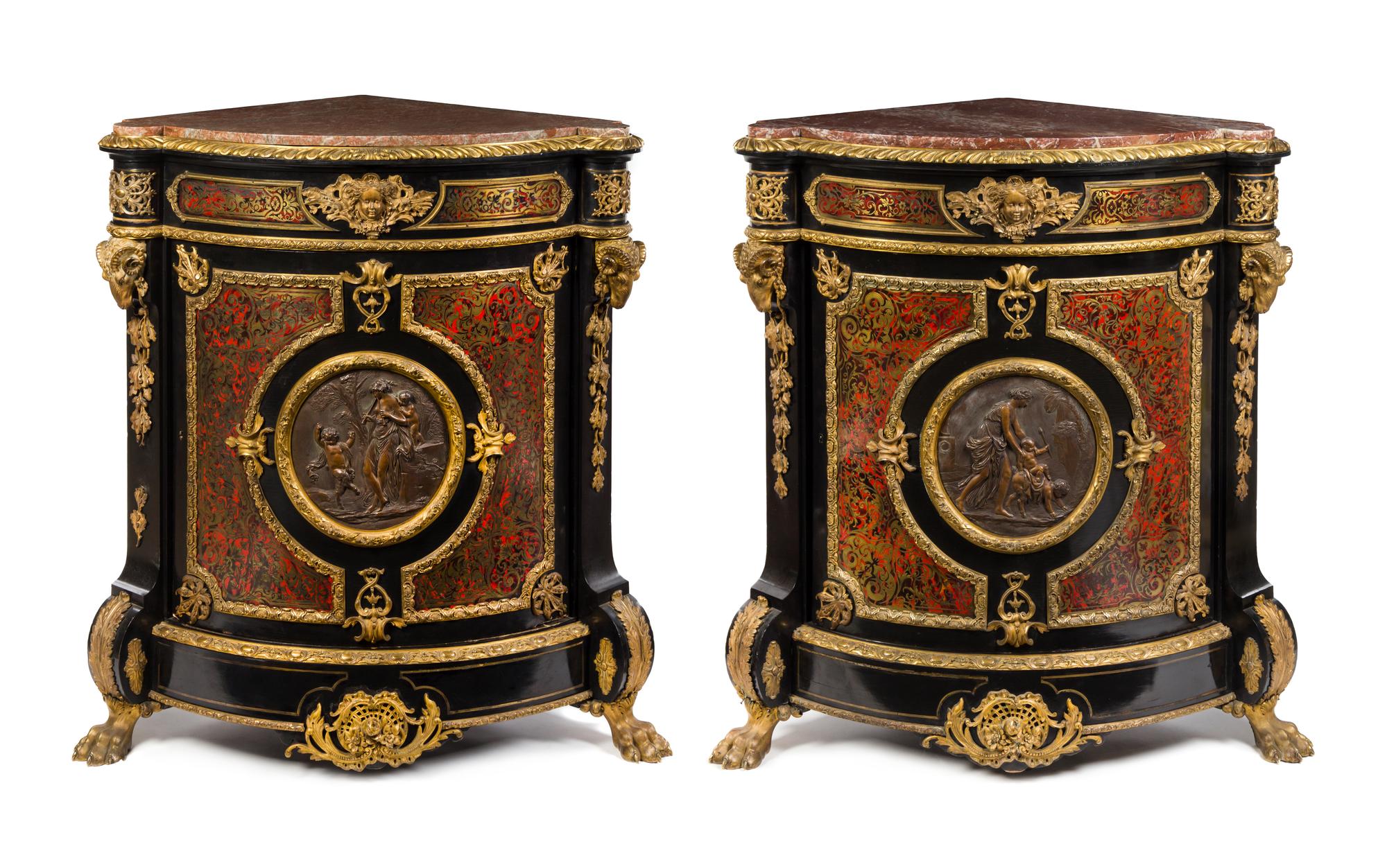 A Pair of Napoleon III Gilt Bronze Mounted Boulle Marquetry Encoignures Height 45 x width 40 x depth 29 inches. — ATTRIBUTED TO GROHE FRERES, 19TH CENTURY