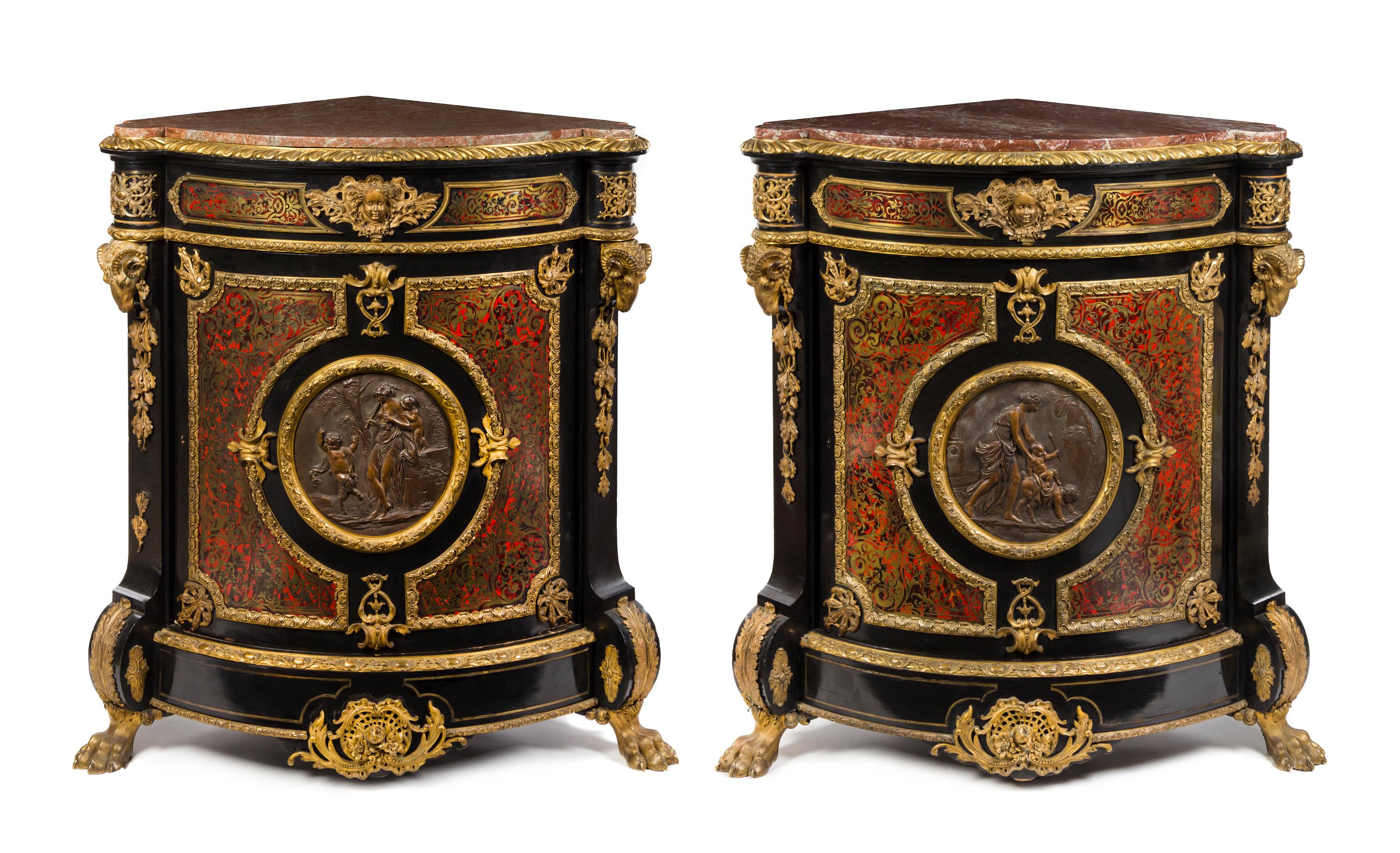 A Pair of Napoleon III Gilt Bronze Mounted Boulle Marquetry Encoignures Height 45 x width 40 x depth 29 inches. — ATTRIBUTED TO GROHE FRERES, 19TH CENTURY