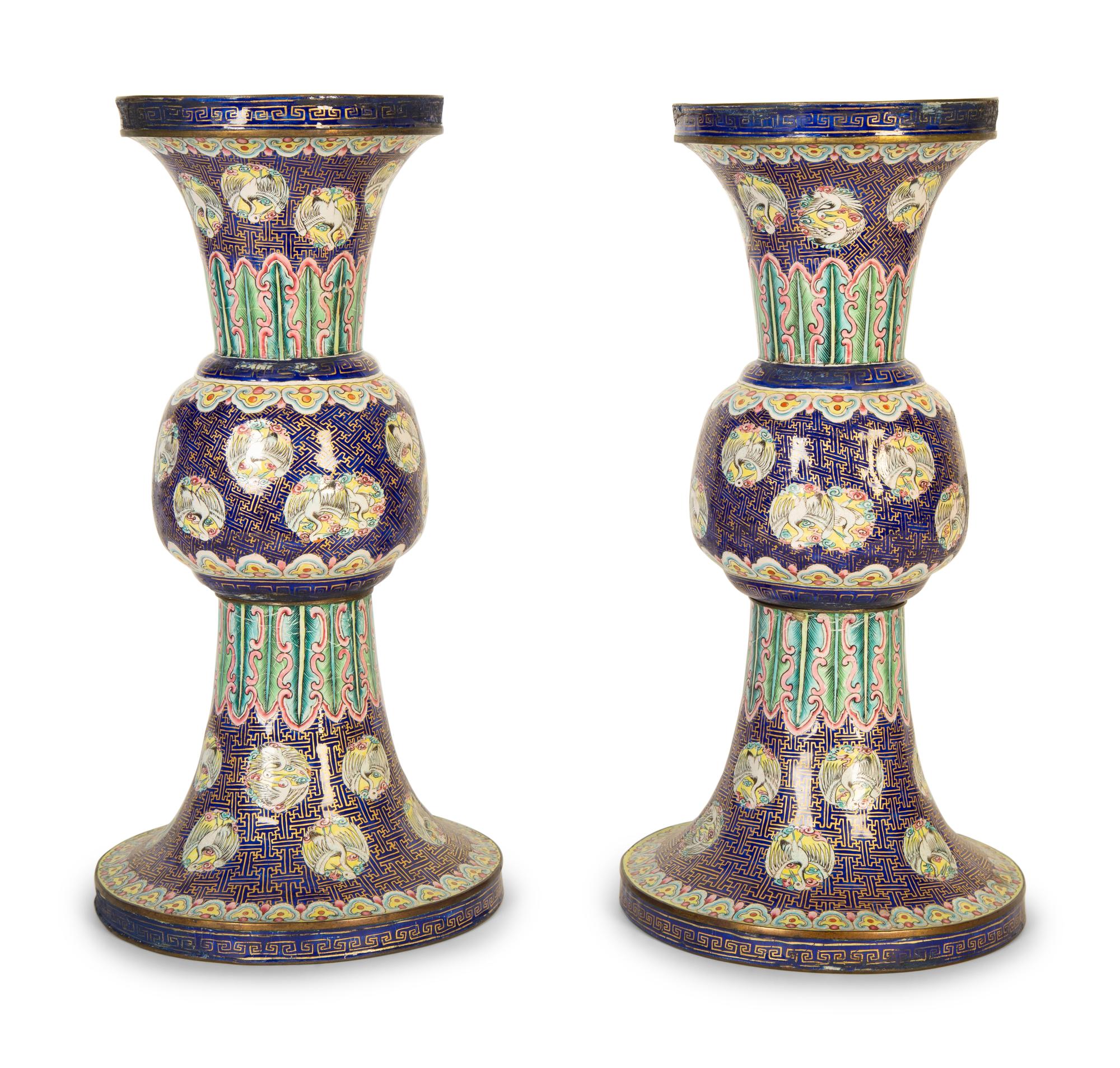 A Pair of Chinese Export Enamel on Copper Gu Vases