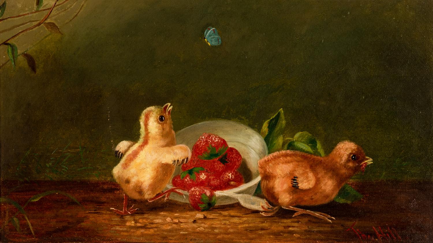 Two Chicks, Butterfly, and Bowl of Strawberries