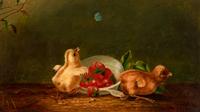 Two Chicks, Butterfly, and Bowl of Strawberries