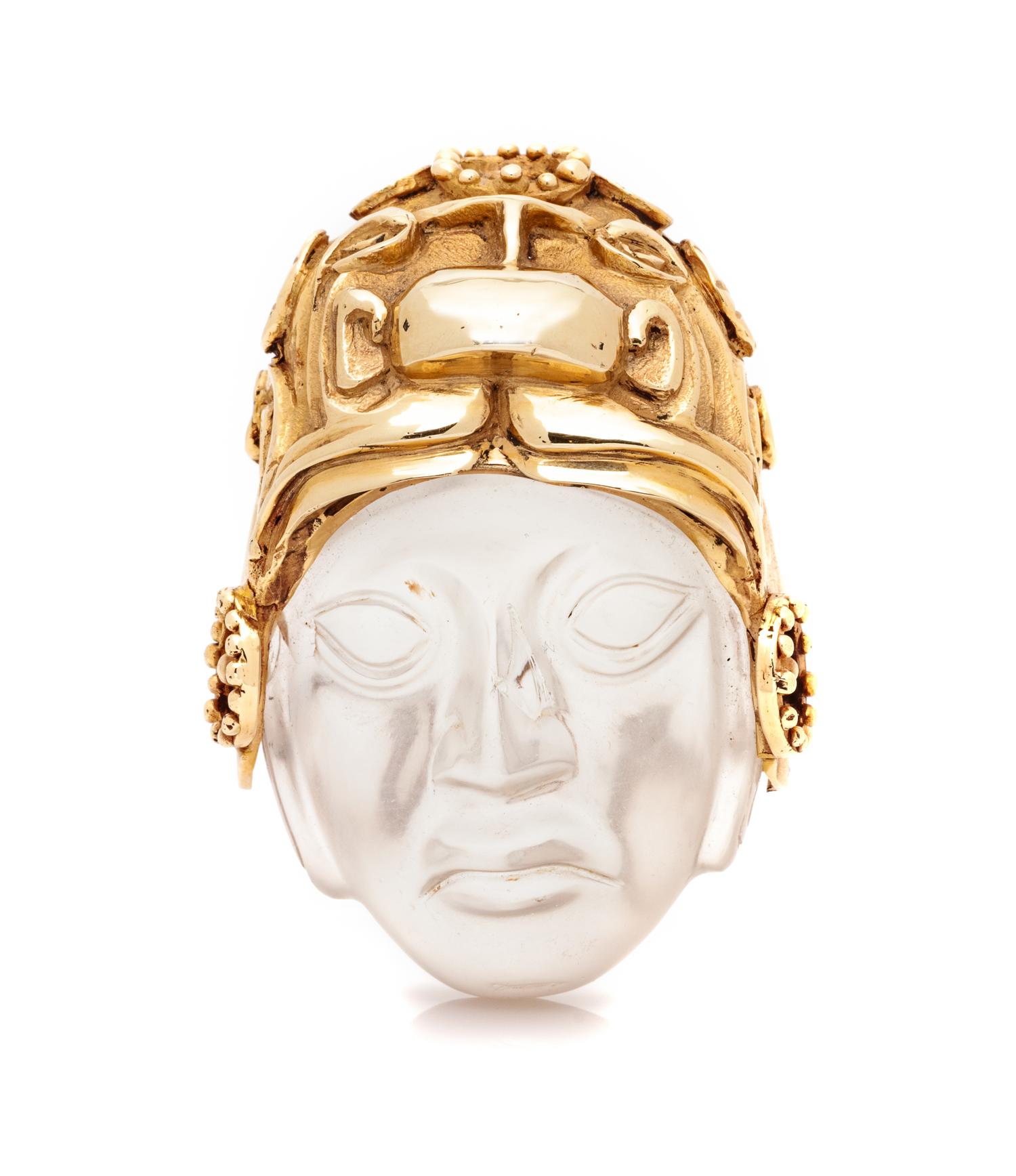 A Yellow Gold and Rock Crystal Mesoamerican Motif Pendant,