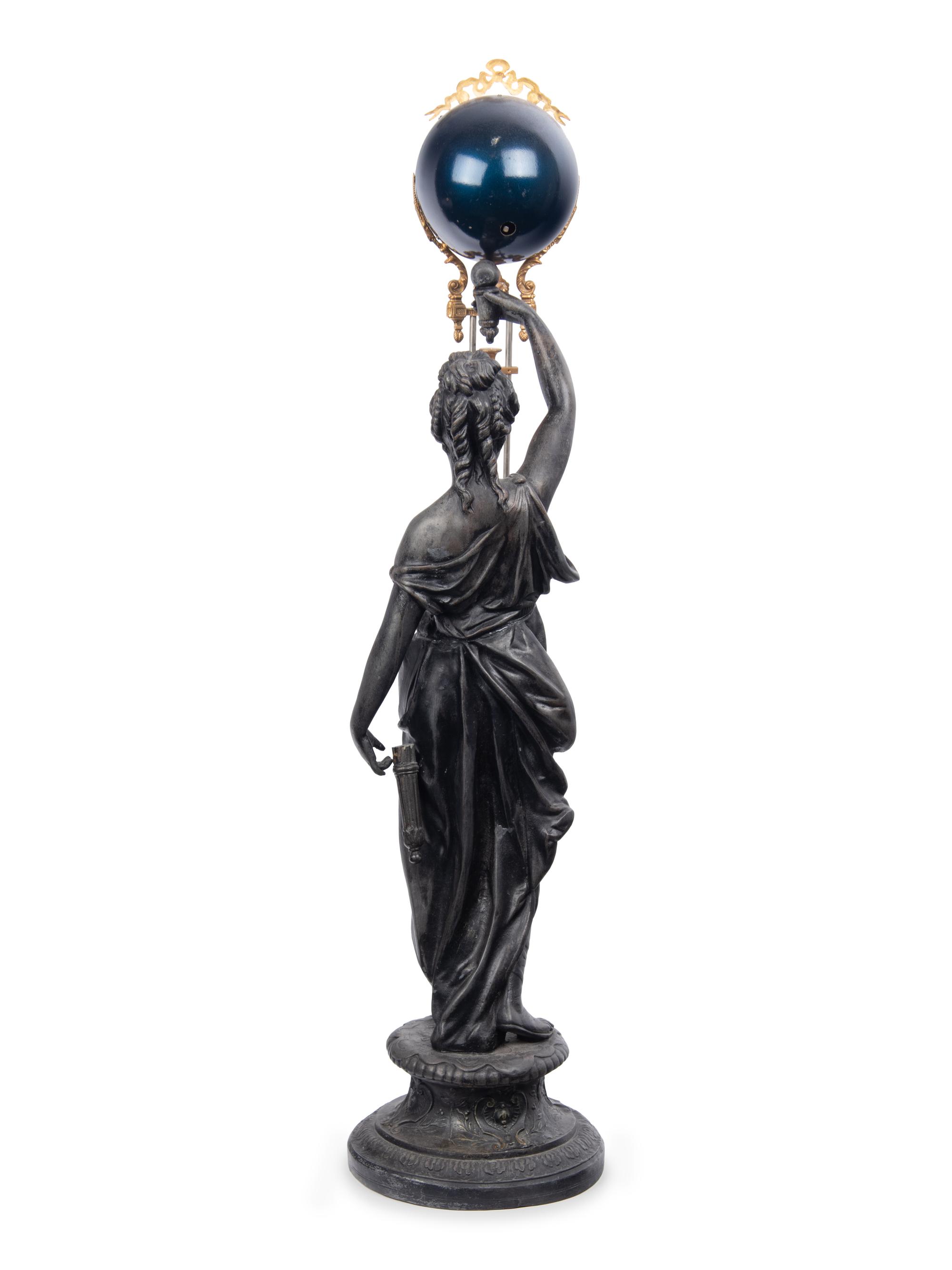 A Continental Cast Metal and Enameled Figural Pendulum Clock