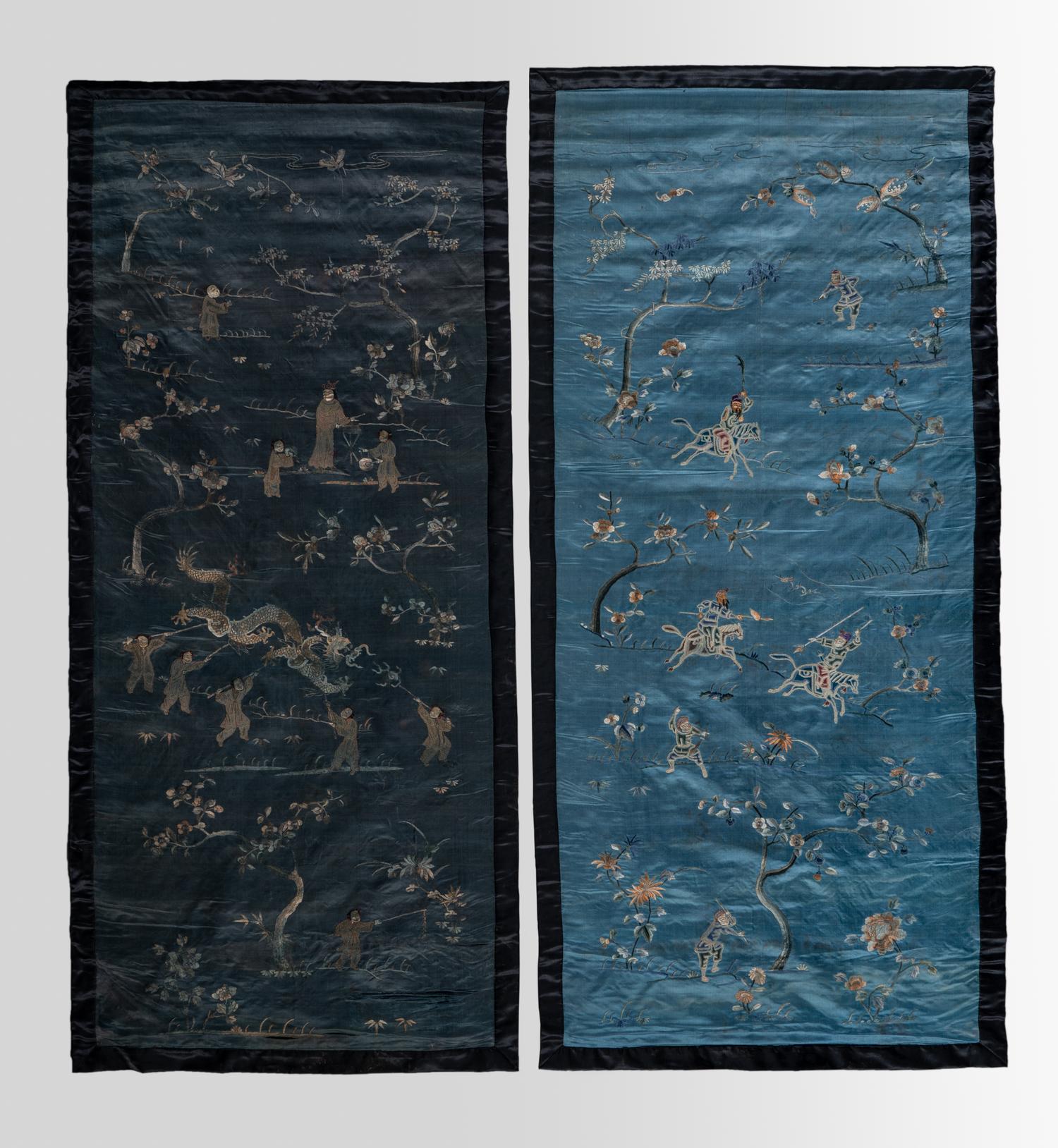 Two Chinese Blue Embroidered Silk Hanging Panels