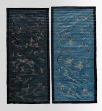 Two Chinese Blue Embroidered Silk Hanging Panels