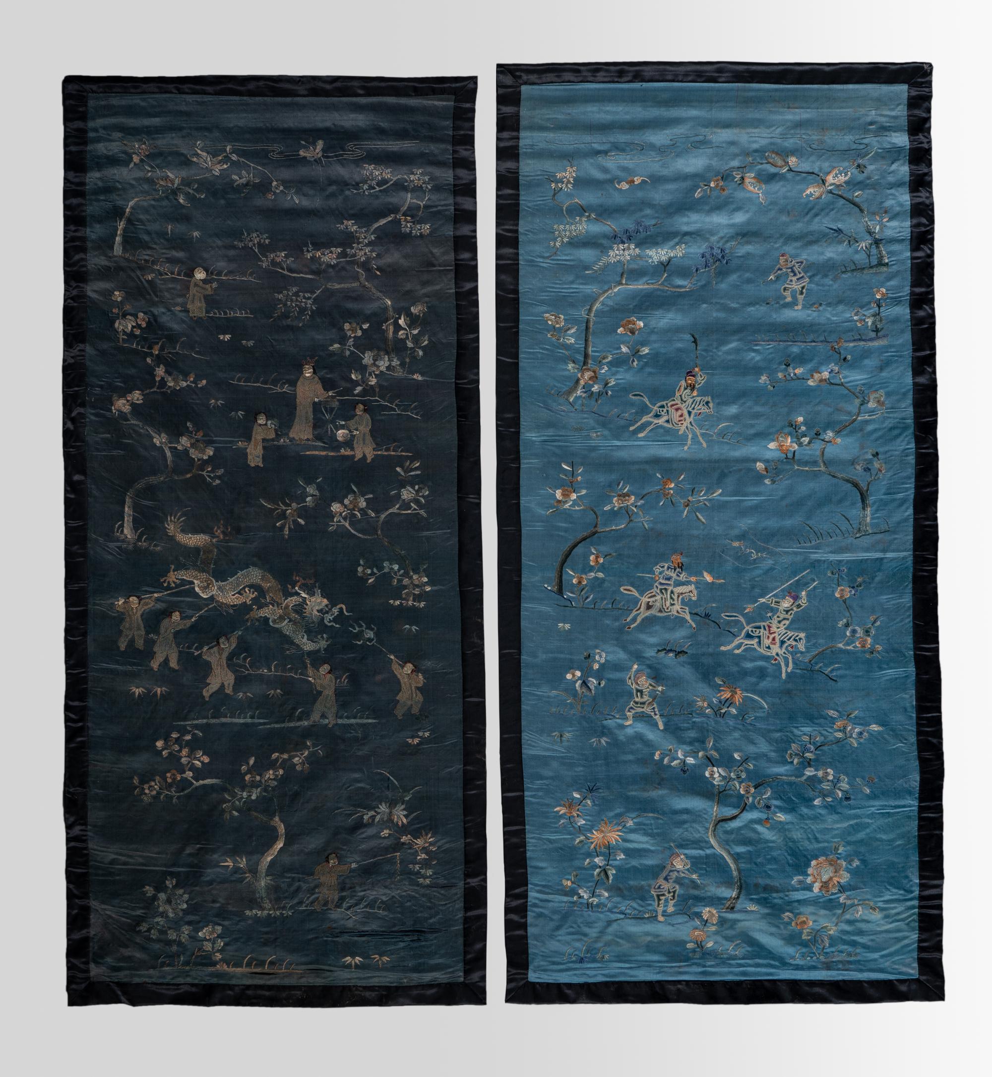 Two Chinese Blue Embroidered Silk Hanging Panels