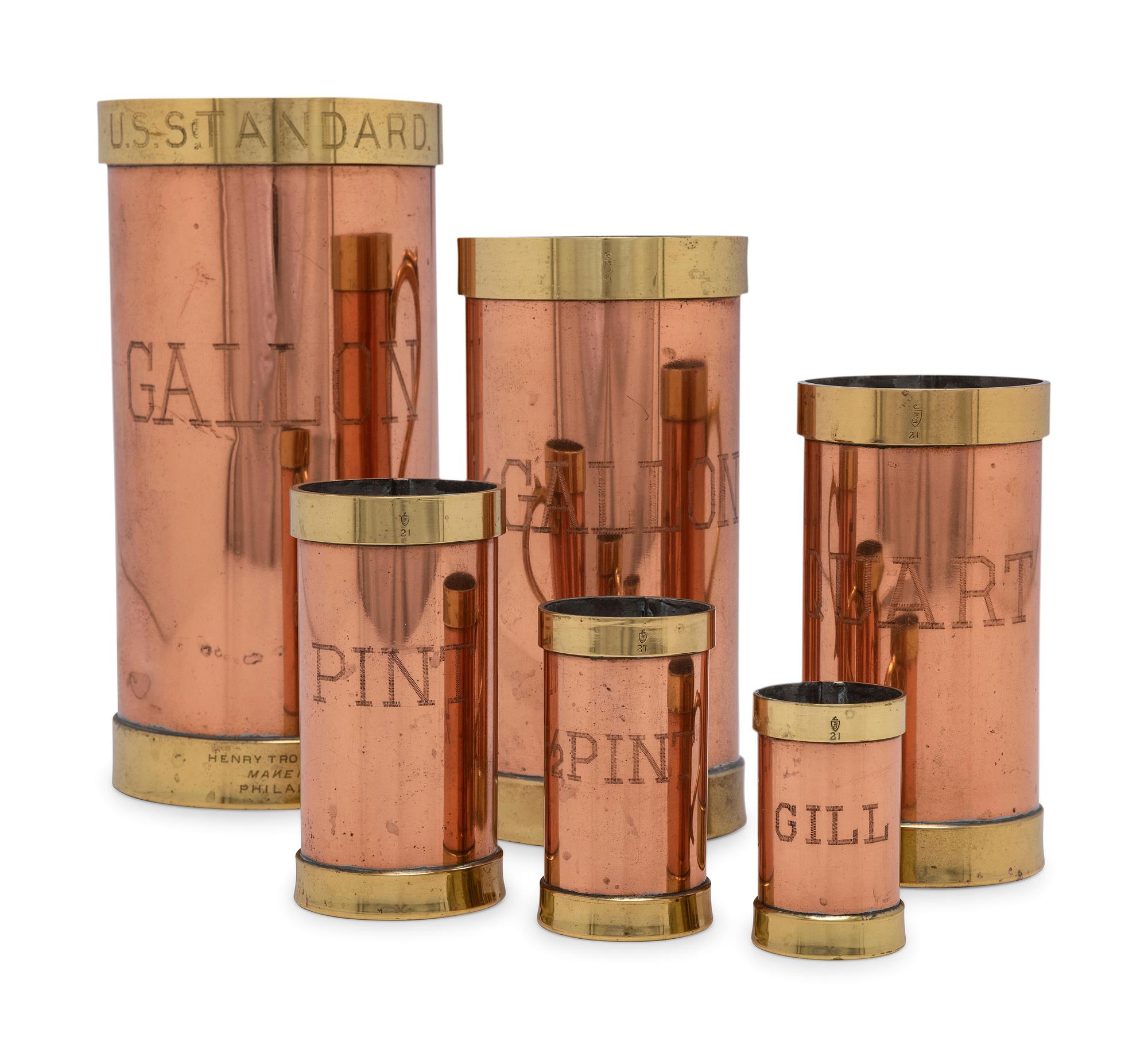 A Set of Six American Copper and Brass Liquid Measures