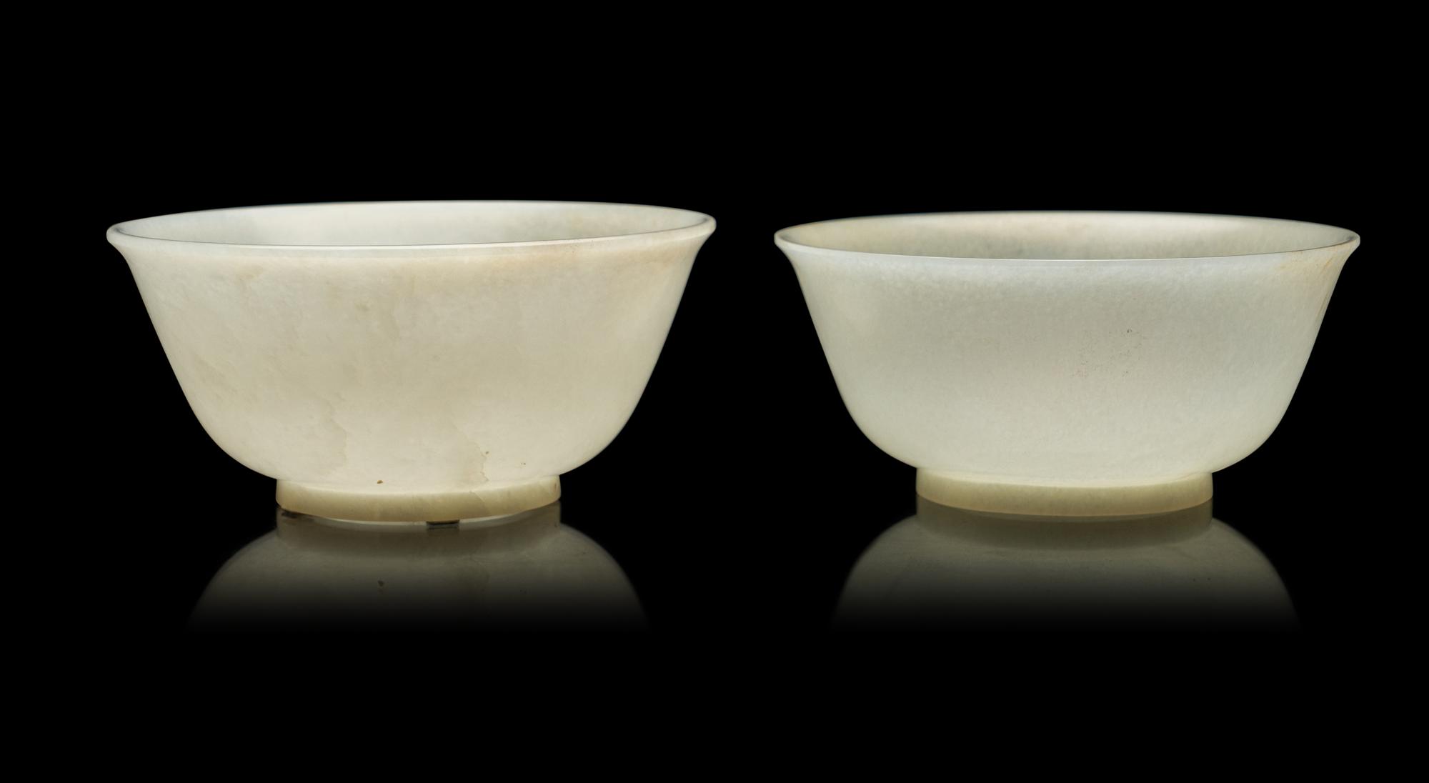 A Matched Pair of Chinese Pale Celadon Jade Bowls