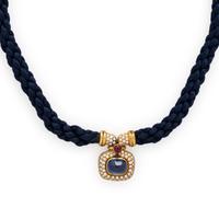 Bulgari, French, Yellow Gold, Sapphire, Diamond, and Silk Cord Necklace