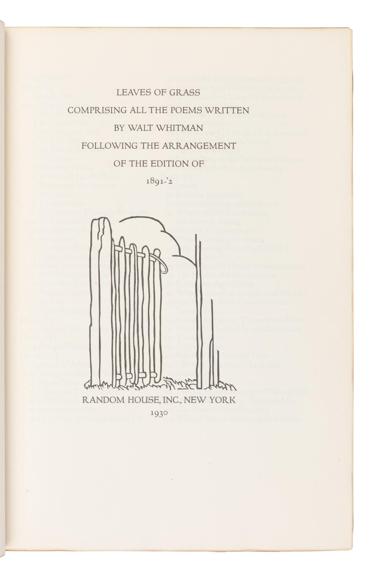 [FINE PRESS - GRABHORN PRESS]. WHITMAN, Walt (1819-1892). Leaves of Grass . New York: Random House, 1930.
