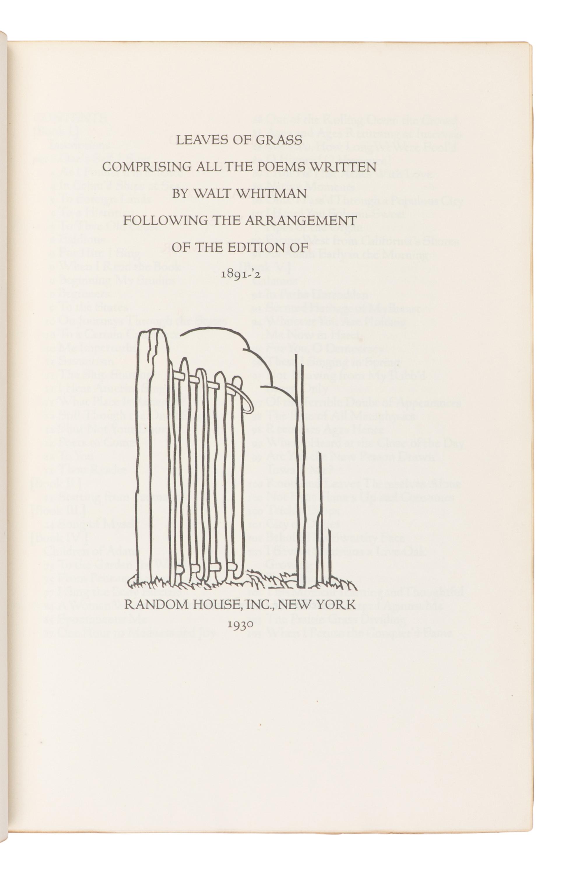[FINE PRESS - GRABHORN PRESS]. WHITMAN, Walt (1819-1892). Leaves of Grass . New York: Random House, 1930.