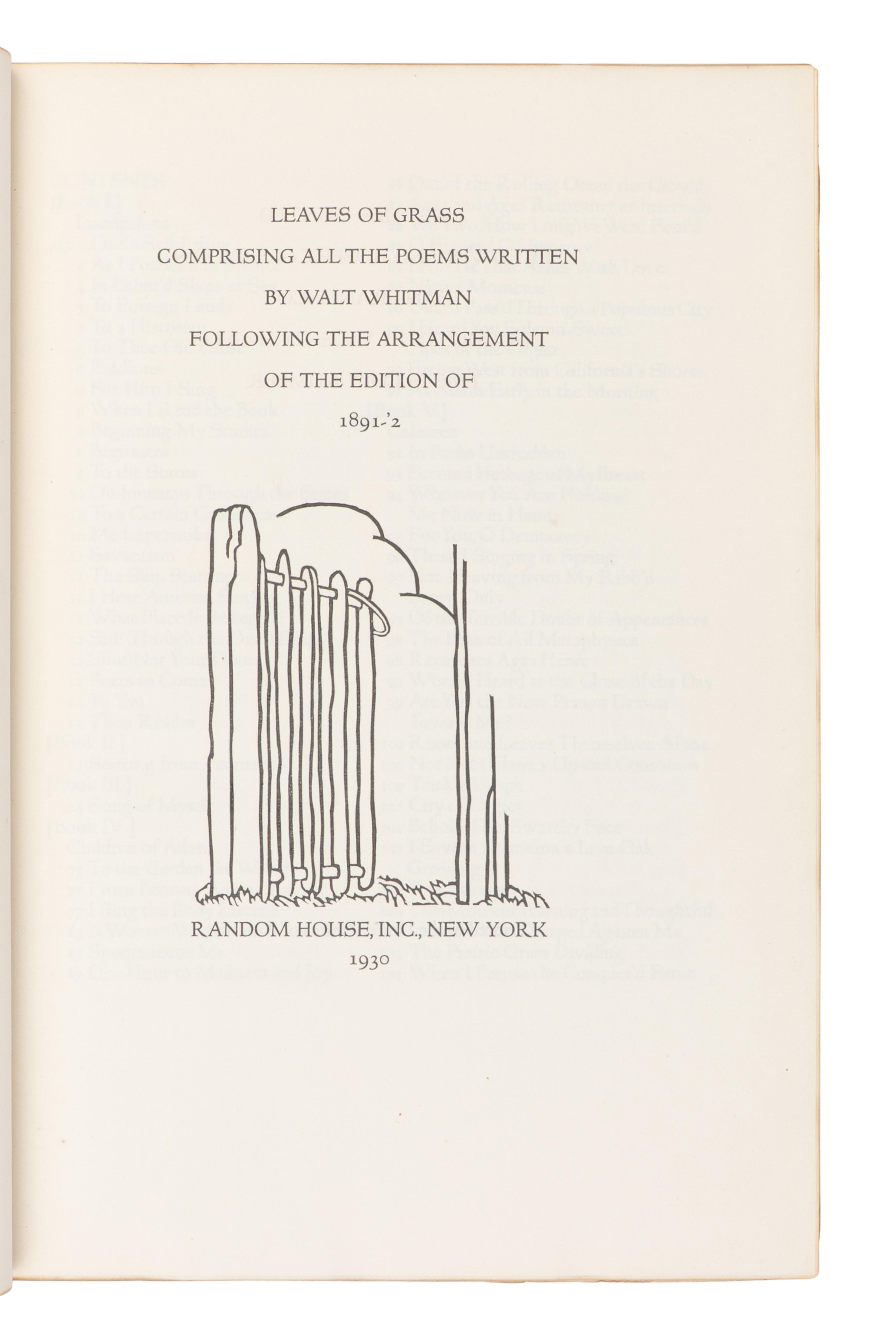 [FINE PRESS - GRABHORN PRESS]. WHITMAN, Walt (1819-1892). Leaves of Grass . New York: Random House, 1930.