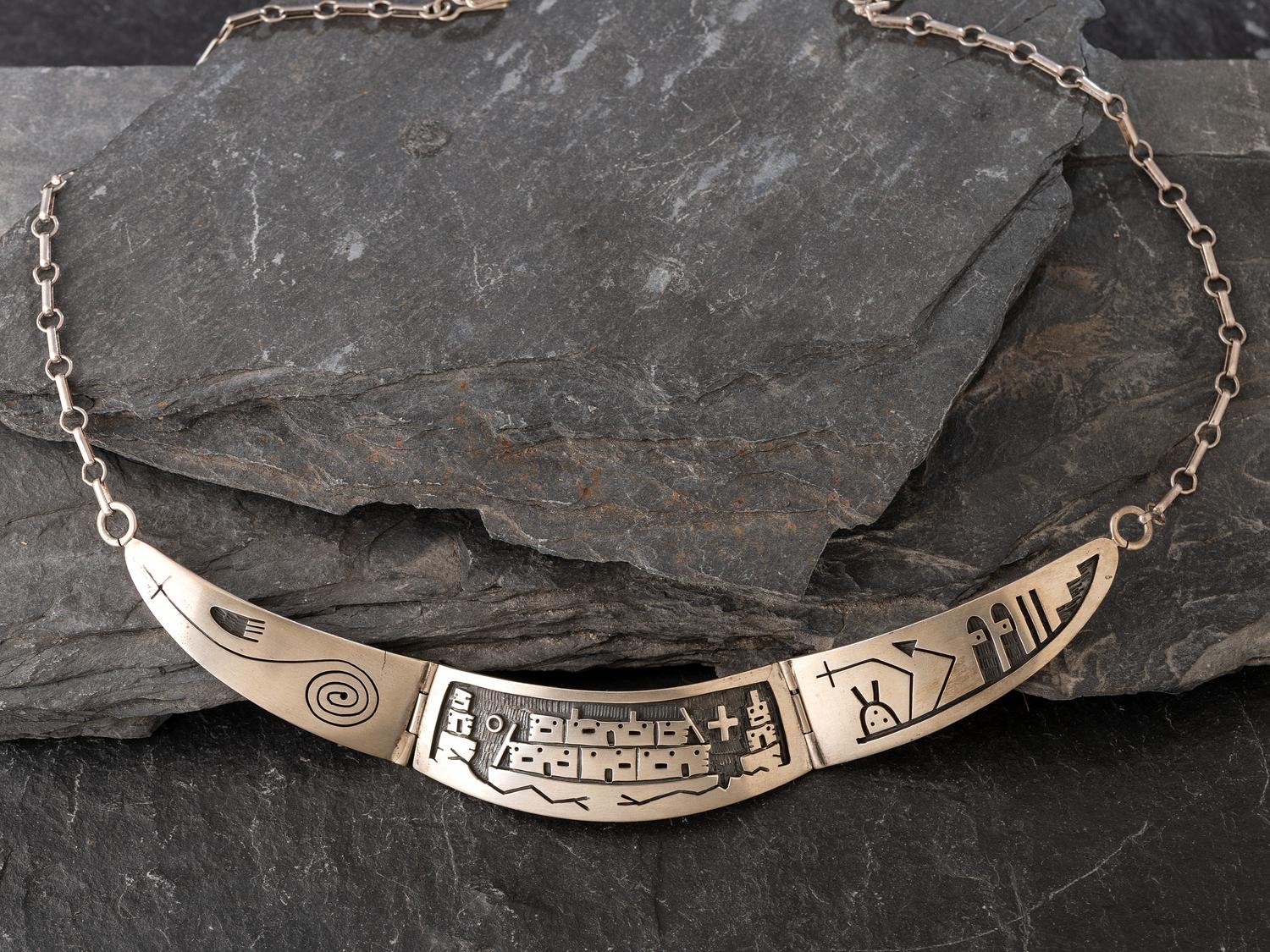 Silver Overlay Link Necklace, with Pueblo Scene