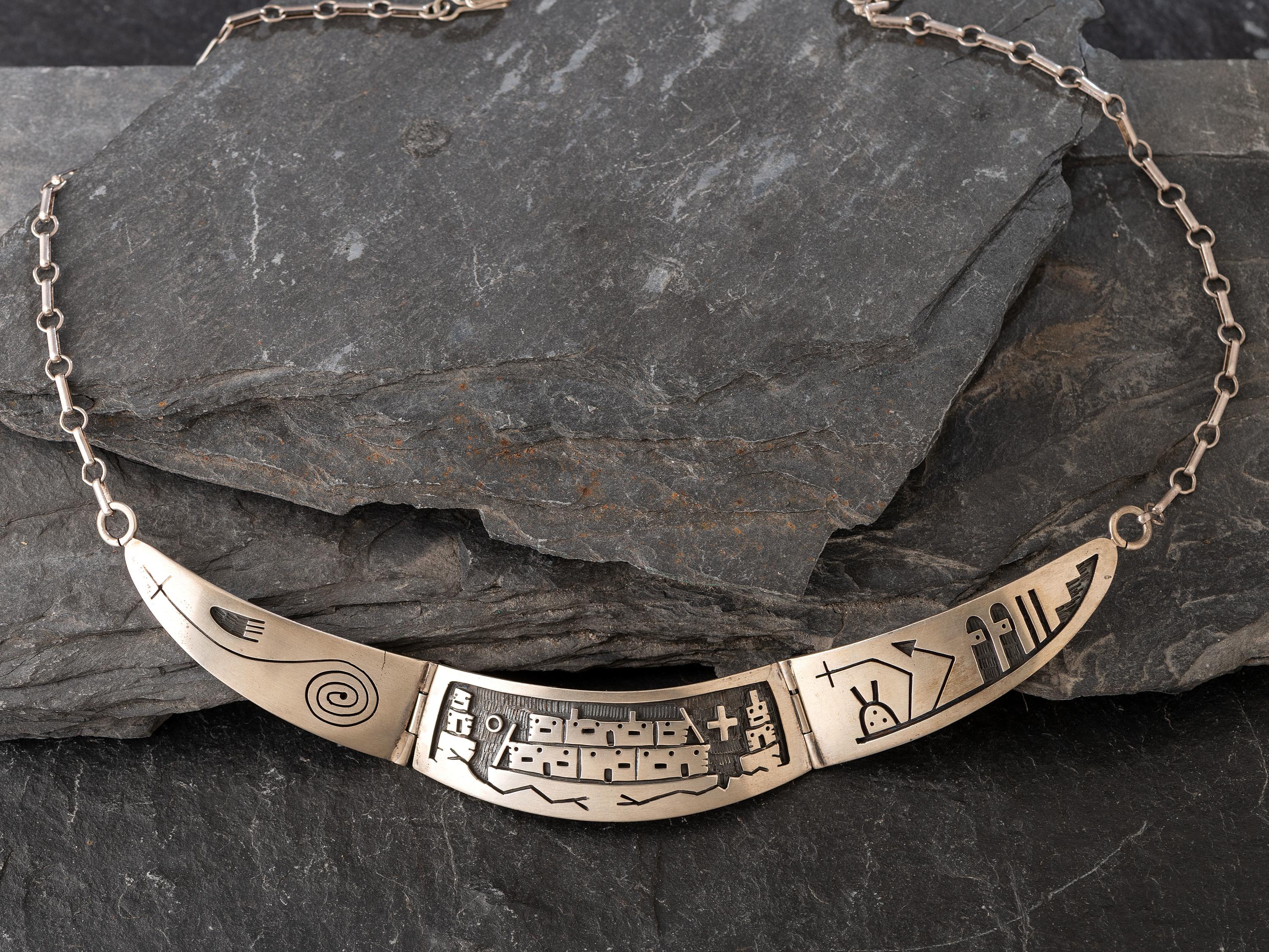 Silver Overlay Link Necklace, with Pueblo Scene