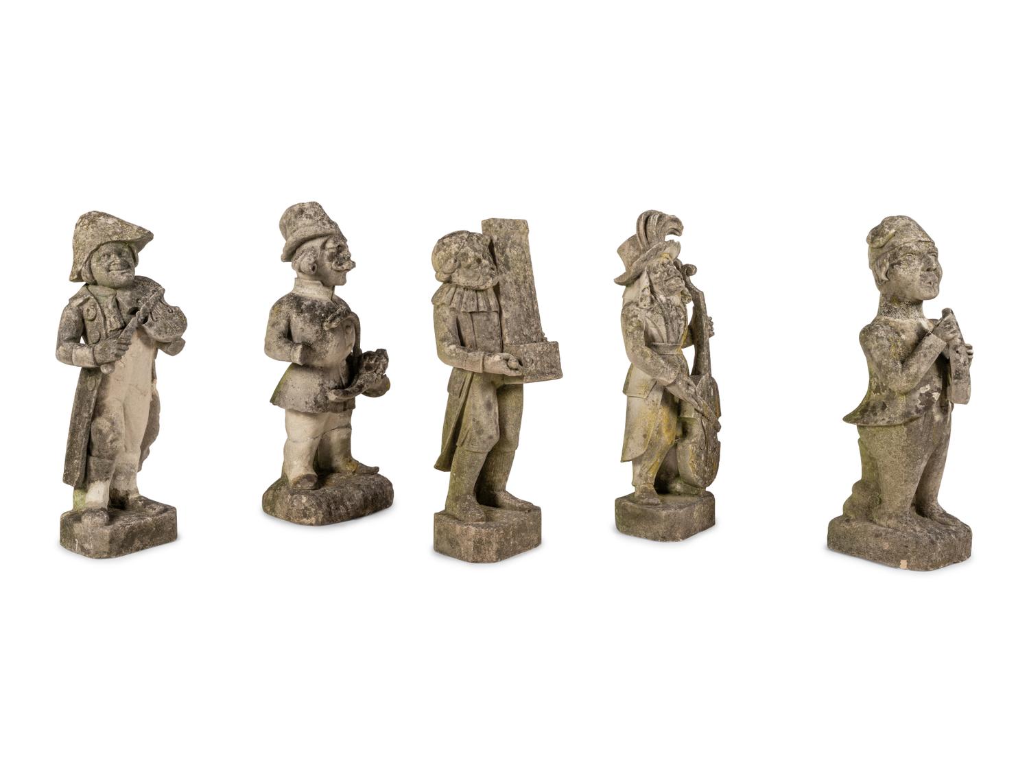 Five French Limestone Garden Figures of Musicians