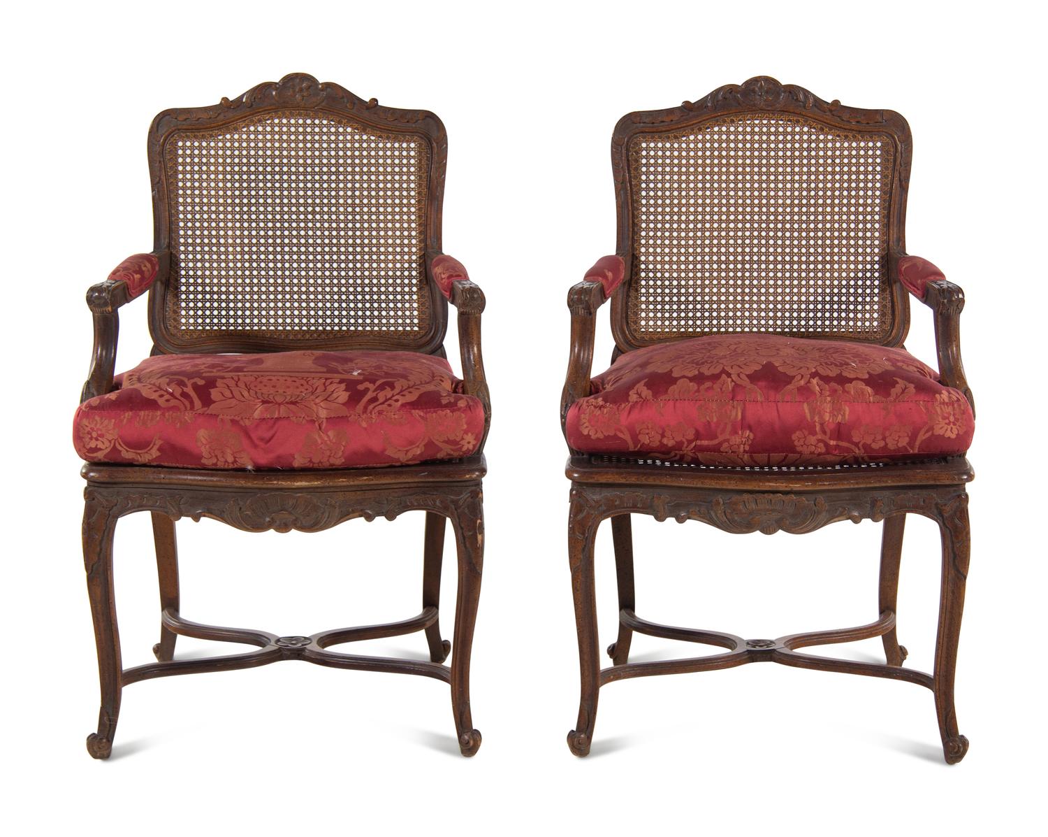 A Pair of Louis XV Style Fauteuils with Red Damask Armrests and Seat Cushions