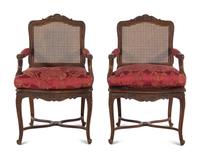 A Pair of Louis XV Style Fauteuils with Red Damask Armrests and Seat Cushions