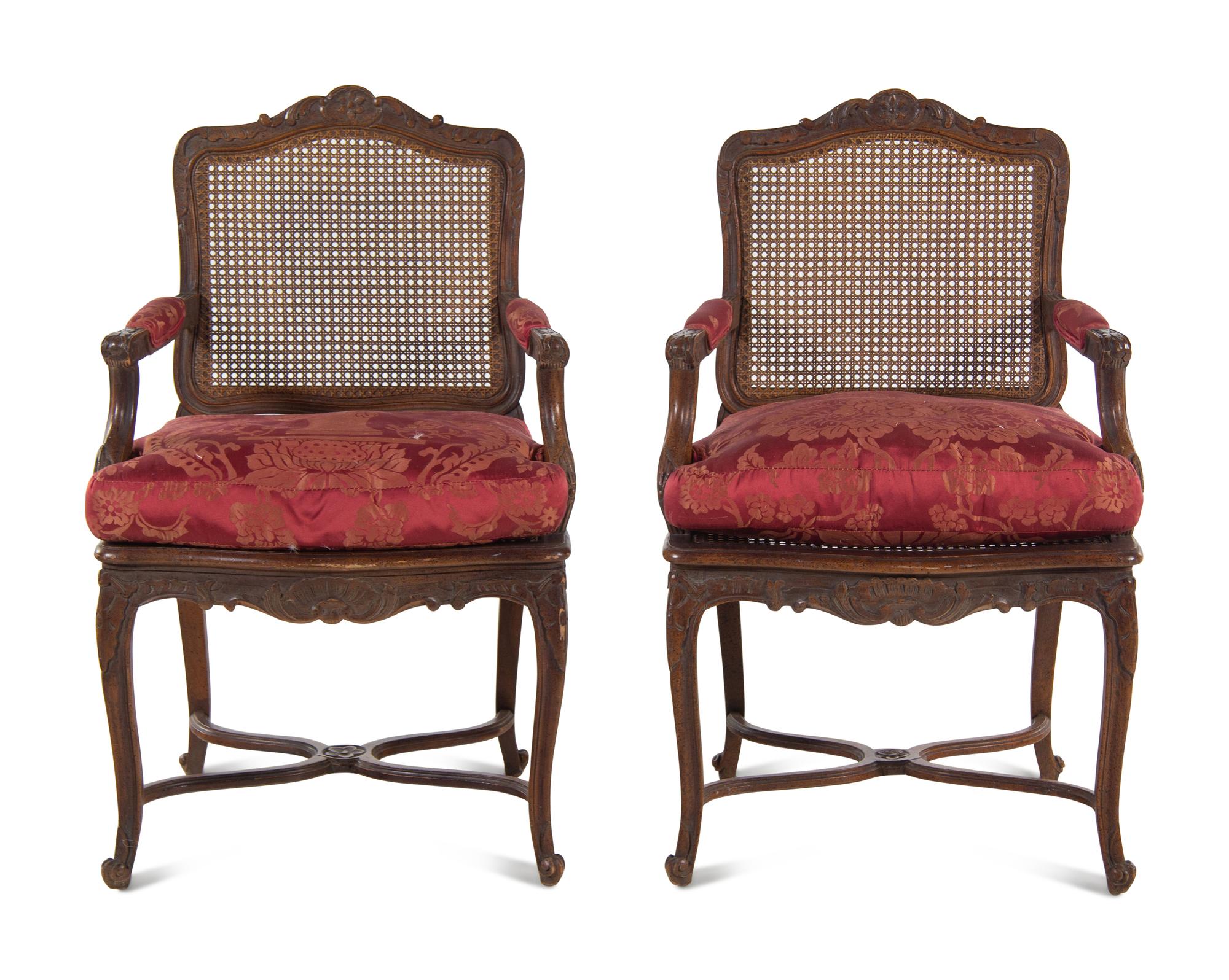 A Pair of Louis XV Style Fauteuils with Red Damask Armrests and Seat Cushions