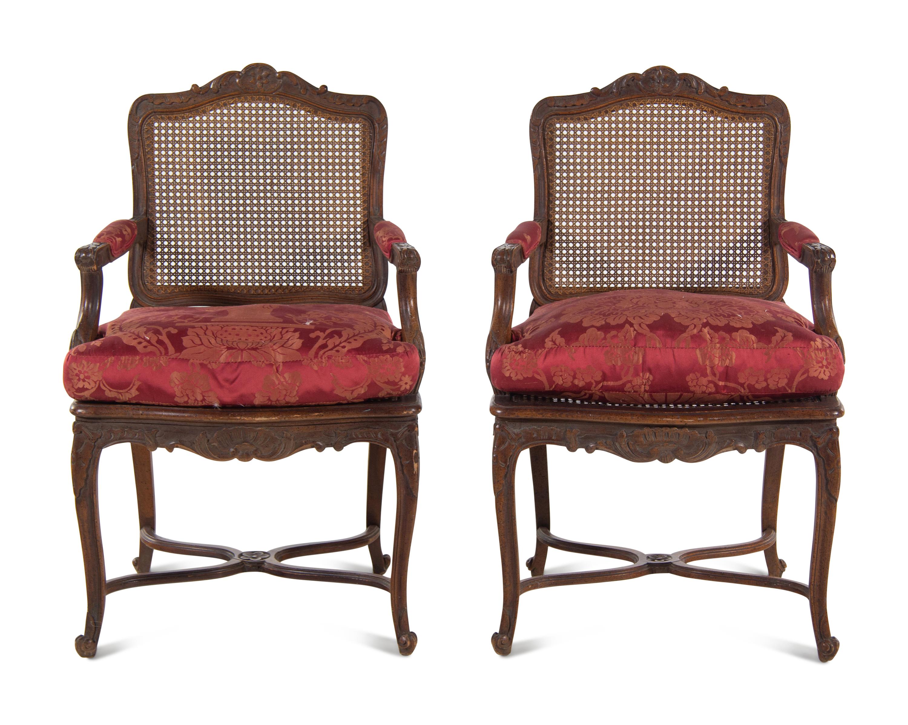 A Pair of Louis XV Style Fauteuils with Red Damask Armrests and Seat Cushions
