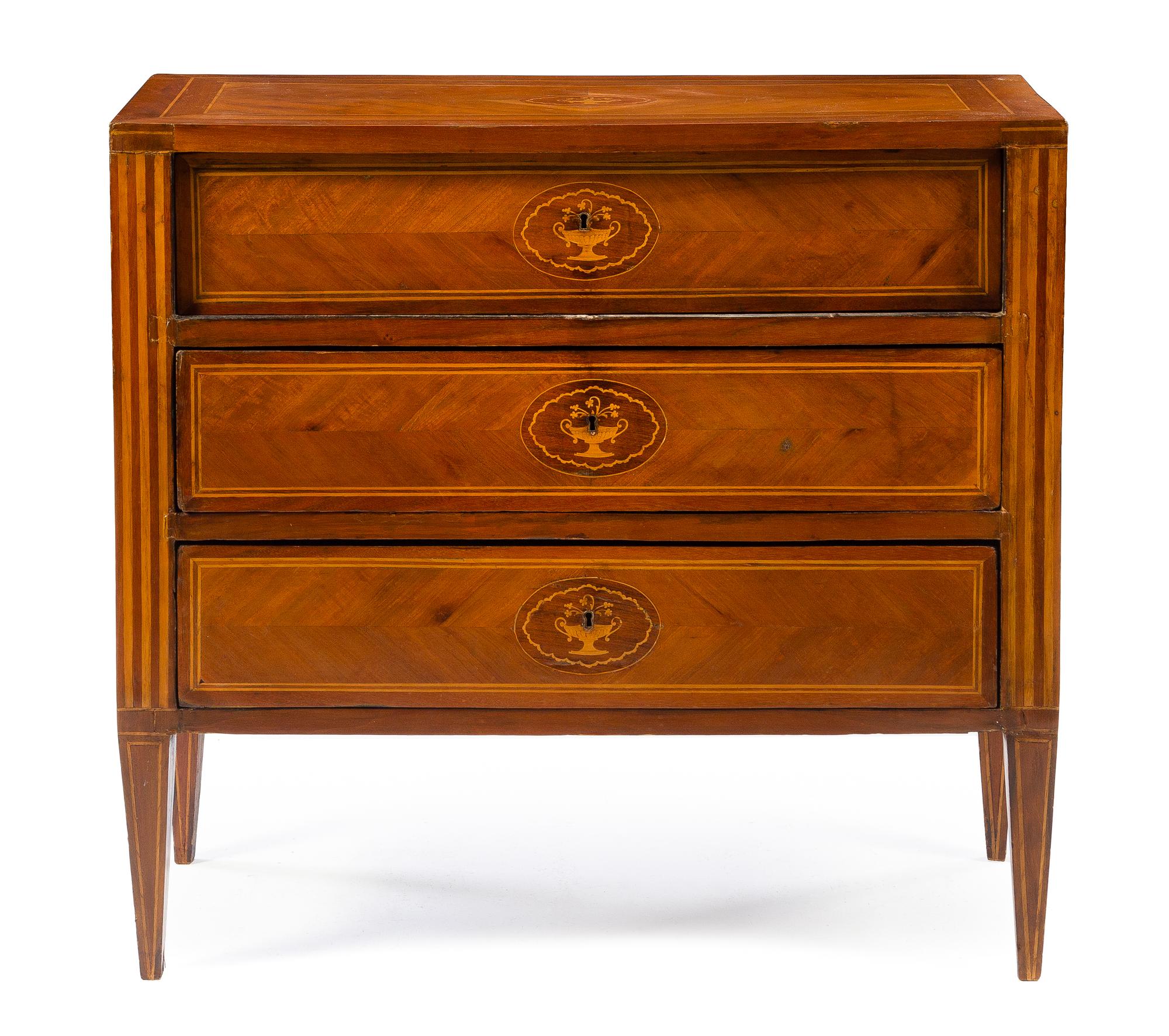 An Italian Marquetry Commode Height 35 3/4 x width 38 3/4 x depth 17 1/4 inches. — LATE 18TH/EARLY 19TH CENTURY