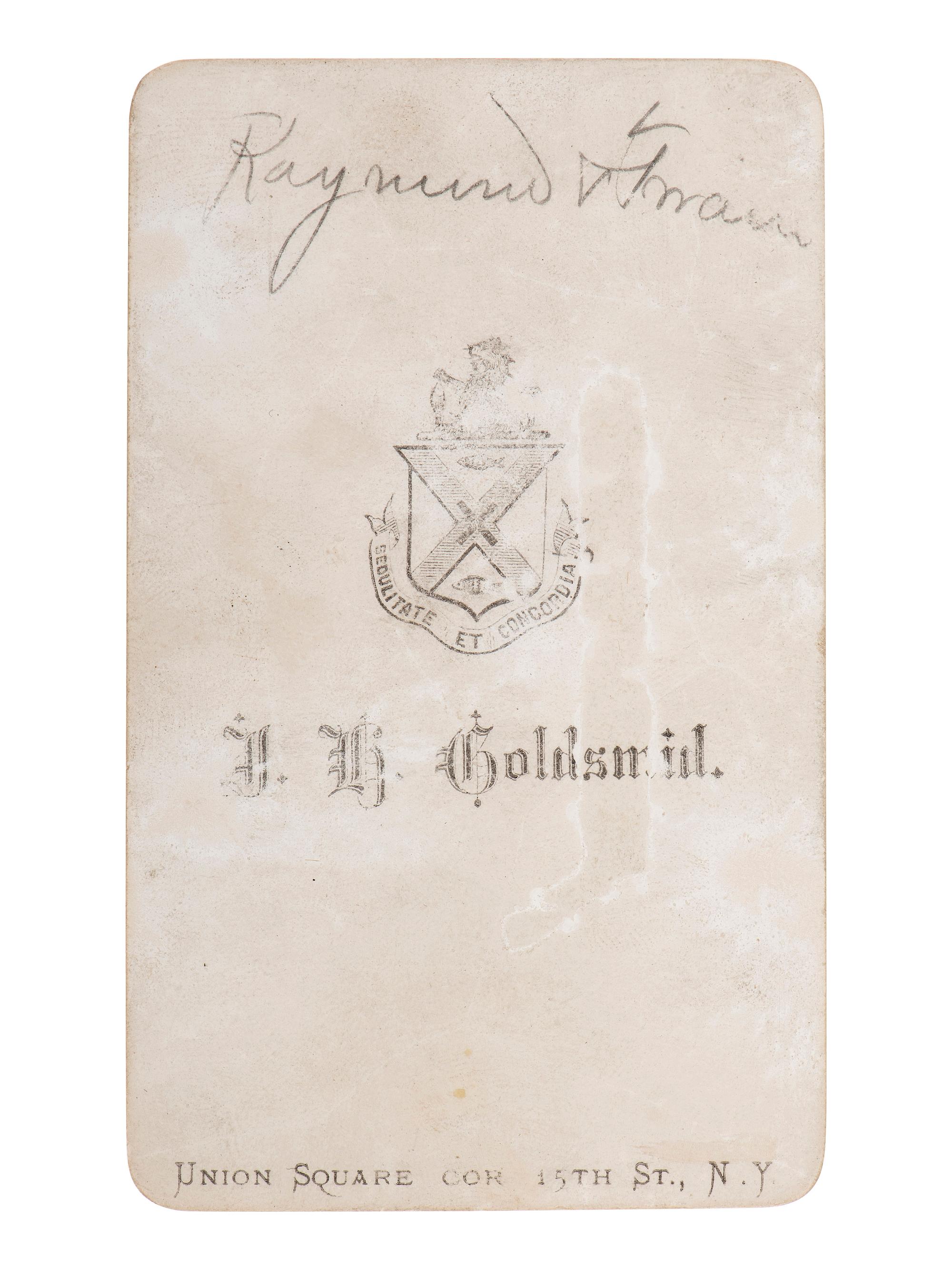 [EARLY PHOTOGRAPHY]. GURNEY, Jeremiah (1812-1895), photographer. CDV of Mark Twain and John T. Raymond. New York: J.H. Goldsmid, n.d.