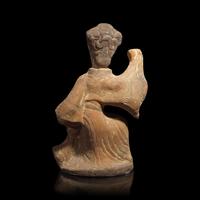 A Chinese Sichuan Style Red Pottery Figure of a Dancer, Han Dynasty — 漢 四川風格灰陶彩繪樂舞俑